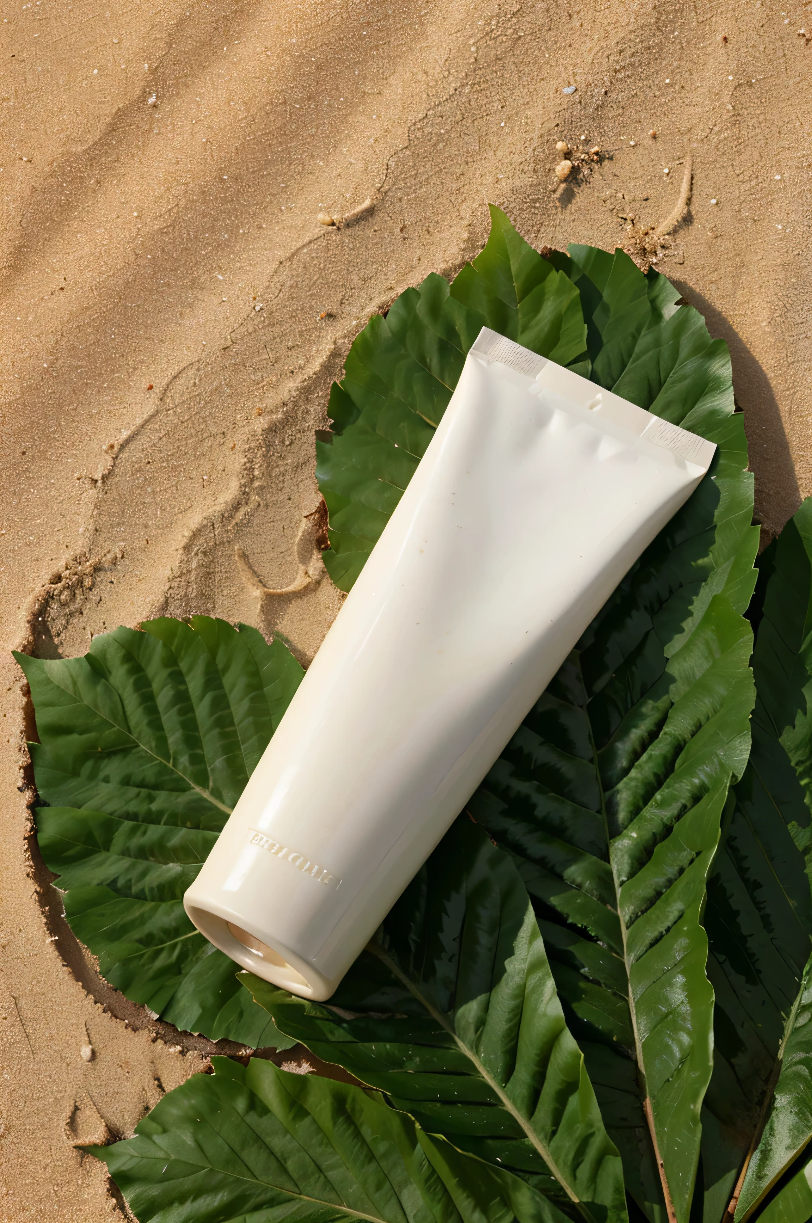 there is a tube of cream on a leaf on the sand, high quality topical render, deep tan skin, clean face and body skin, crisp smooth clean lines, tan complexion, professional, skin care, smooth clean texture, smooth tan skin, smooth textured skin, synthetic bio skin, crisp smooth lines, bark for skin, skincare, organic, in a beachfront environment, full image shown, create realistic shadows of leaf's so it look's under on sand, add water layer beside facewash on sand coming on leaf and touching facewash, add mockup label to facewash, realistic work, create a realistic water wave on top of product coming from sea