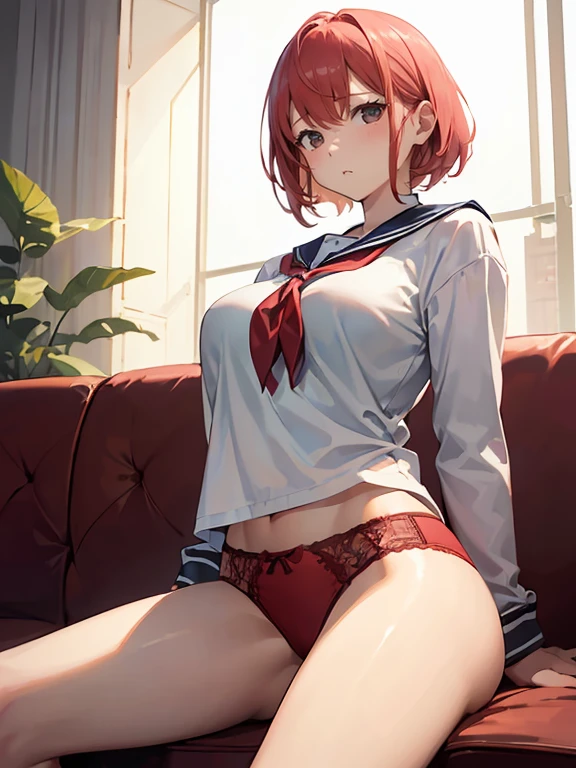 (top-quality,High resolution,(Ultra high definition,4K), (超A high resolution,in 8K),masutepiece:1.2), (Perfect Anatomy,Anatomically accurate), (Angle from below), (Soft lighting, rendered), ((cute mother and daughter)), ((Sitting on a sofa in the lobby of a luxury hotel,Open legs left and right)), ((High School Sailor Uniform)), (Red lace panties), (fascinated expression), (Crisp double eyelids), (Large breasts:1.3), (Soft skin), (Photorealistic), (Glowing skin), (pinkhair), (Pixie Cut)