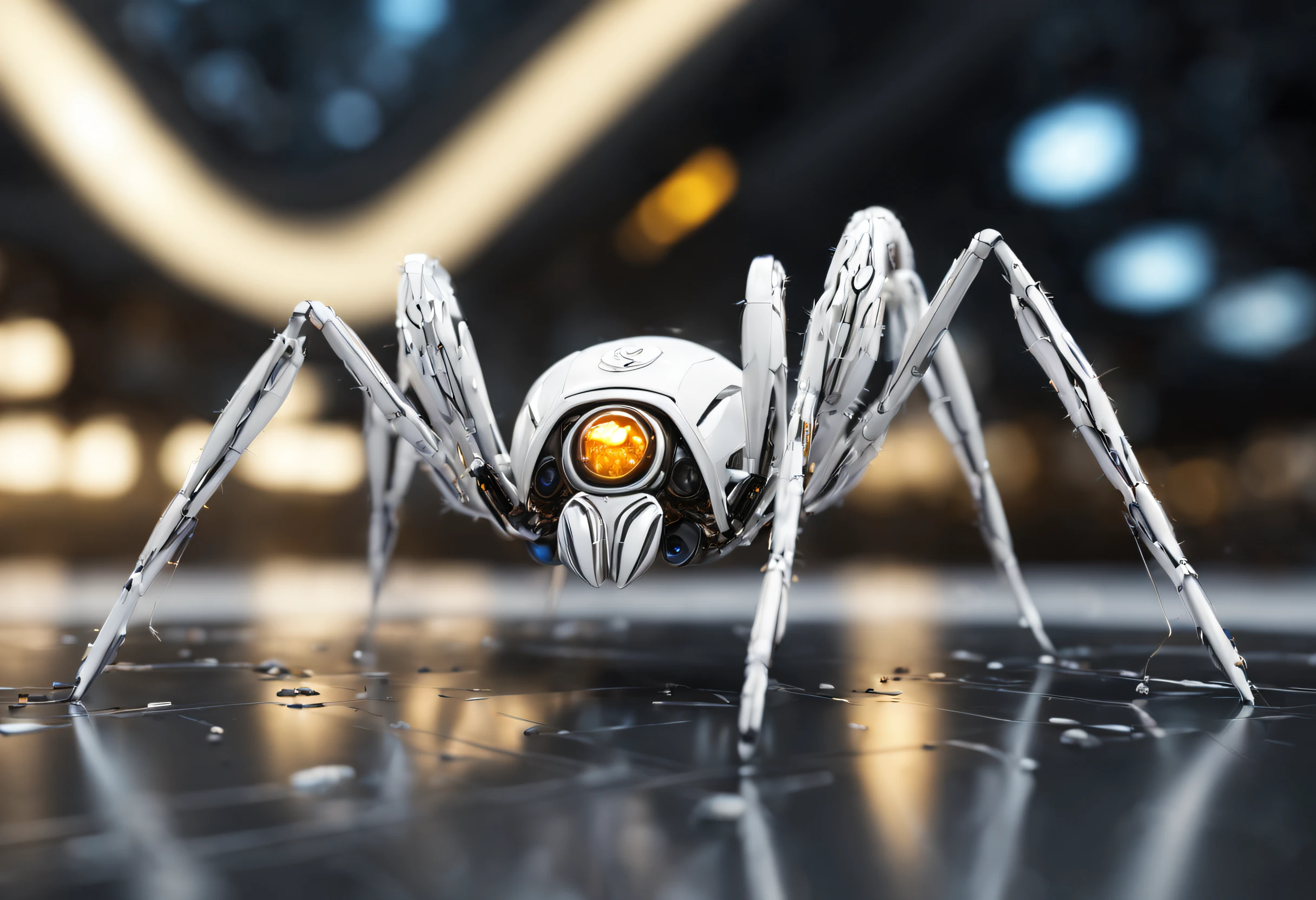 Stunning and futuristic white metallic robotic spider with big glowing eyes, and chelicerae.a aranha tem um elegante, carroceria brilhante, aerodynamic design, with intrincado details and texture visible on its body, the bottom is filled with small, luzes cintilantes, creating a sense of movement and dynamism around the bee, perfect features, Cyberpunk, Complex 3D Rendering, Motor irreal, arte digital, altamente detalhado, intrincado, foco nítido, na sede da artstation, Motor irreal 5, Imagem UHD, HDR,8k