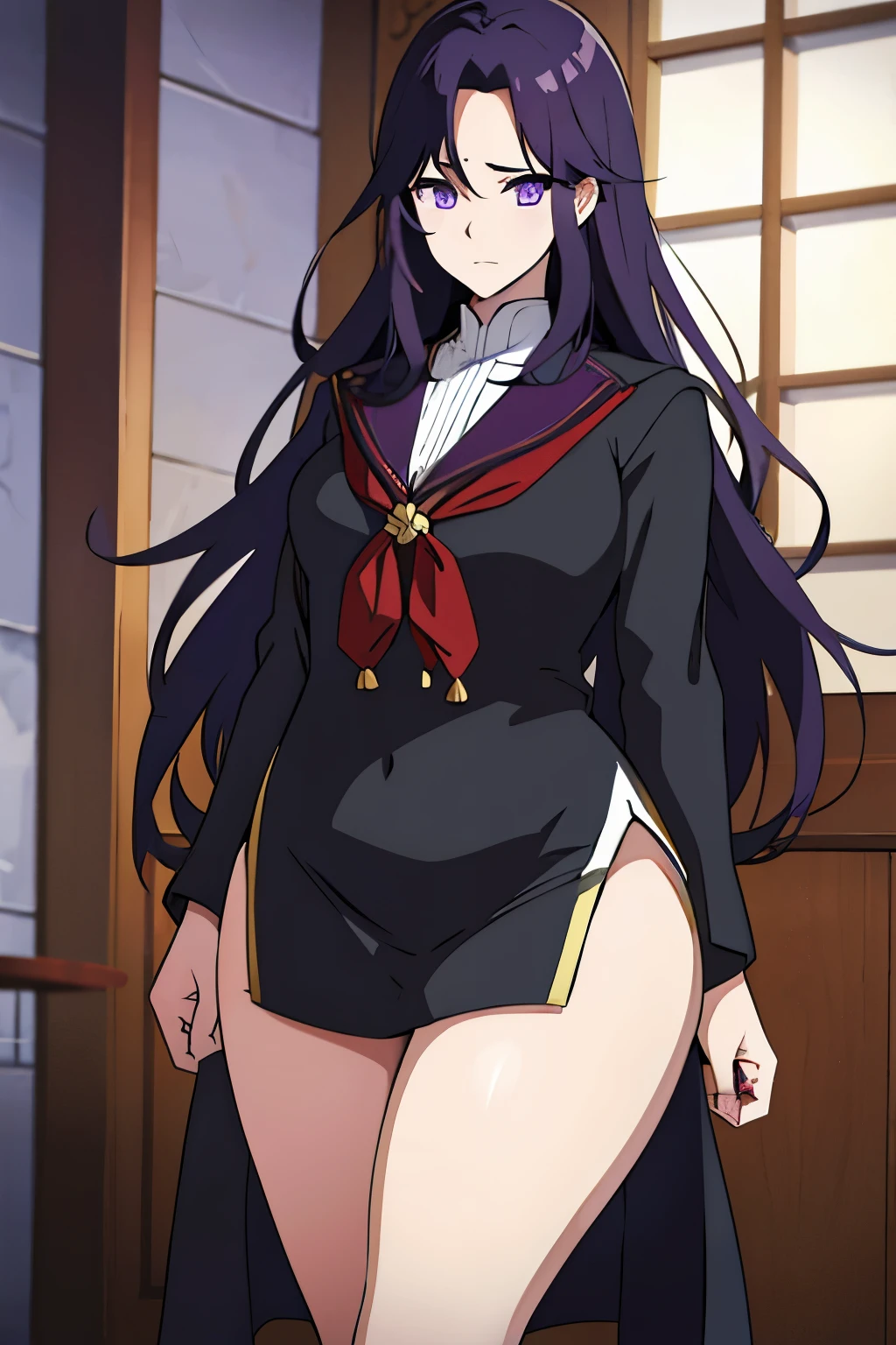 tall female, black long hair, purple eyes, wizard clothes, japanese school uniform, curvy, sexy clothes