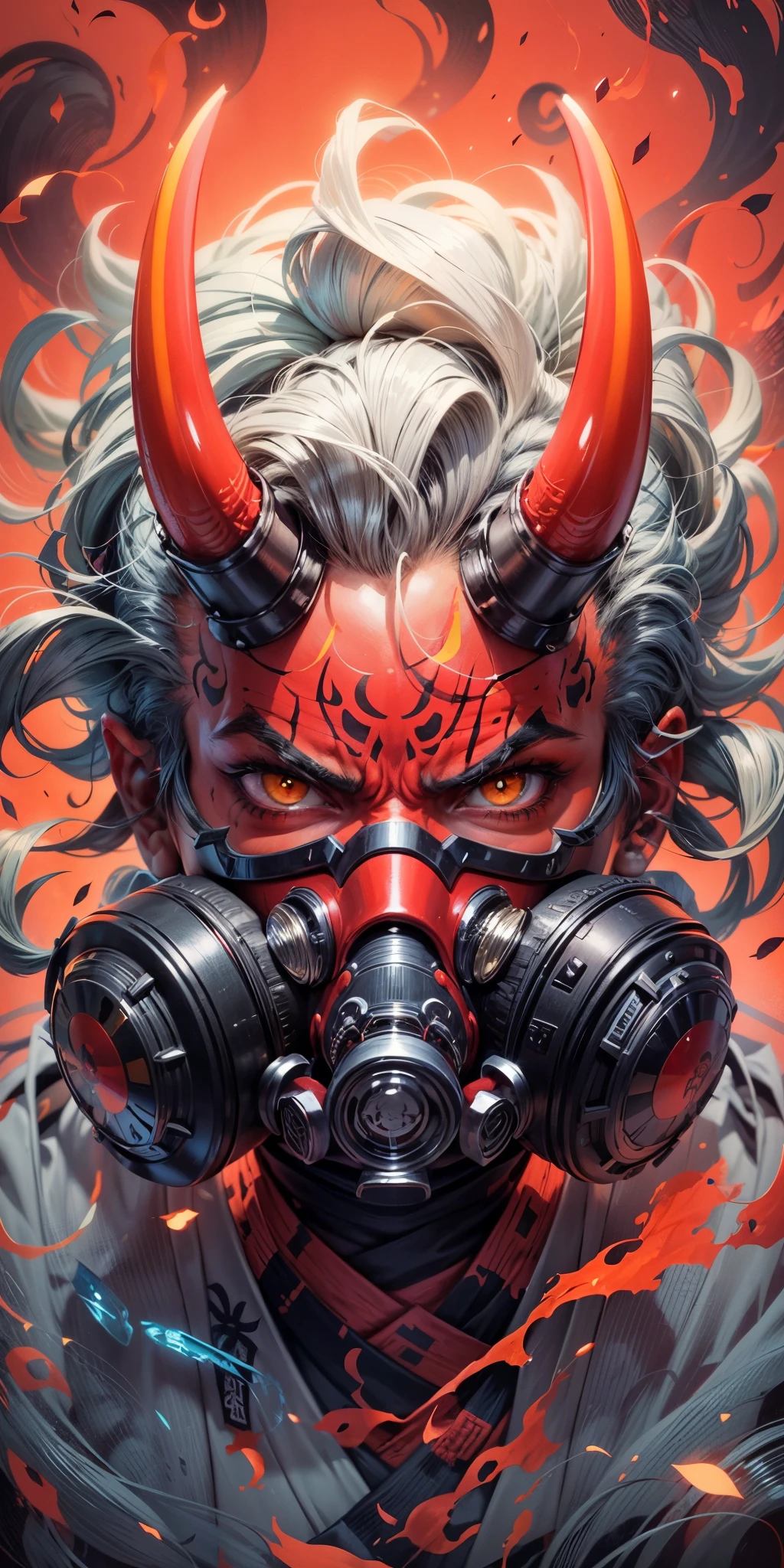 a red demon with a gas mask and a red background, villain wearing a red oni mask, oni horns, jc leyendecker and sachin teng, sachin teng, in the style of sachin teng, onmyoji detailed art, oni mask, portre of a psyschonaut demon, onmyoji portrait, demon samurai mask, very coherent stylized artwork