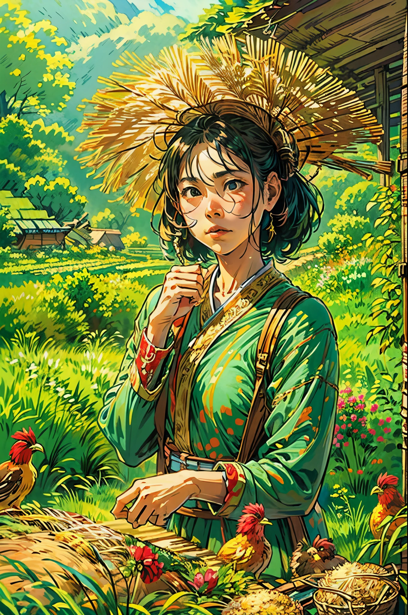 (best quality,4k,8k,highres,masterpiece:1.2),ultra-detailed,(realistic,photorealistic,photo-realistic:1.37),stunning, vibrant colors,farm life,scenic Southeast Asia stairs field,farmer working diligently,traditional Vietnamese farmer attire,natural sunlight illuminating the scene,colorful chickens happily pecking the ground,authentic Vietnamese rural setting,lush green rice terraces stretching into the distance,serene and picturesque landscape,peaceful and harmonious atmosphere,farmer's hardworking spirit,traditional farming techniques passed down through generations,cultural richness and heritage of Vietnam,meticulously detailed steps of the stairs field,subtle texture of the terraced fields,layered composition of the agricultural landscape,charming and idyllic countryside scene,immersive view of the rustic scenery,rich cultural context of Southeast Asia,Vietnamese craftsmanship and agricultural traditions shining through,authentic portrayal of the farmer's daily life,diligent caretaker of the land,stunning visual storytelling,emotionally captivating artwork,mesmerizing perspective capturing the essence of the moment,awe-inspiring depiction of the Southeast Asian farming community,inspiring and thought-provoking artwork,immersive and evocative piece of Southeast Asian art,exquisite attention to detail,showcasing the natural beauty and simplicity of rural life,meticulous craftsmanship and precision in each brushstroke,compelling narrative that sparks curiosity and imagination,stunning play of light and shadow across the scenery,evoking a sense of tranquility and serenity,embodying the timeless beauty of Southeast Asia's agricultural landscapes,inviting viewers to experience the charm and authenticity of Vietnam's countryside.