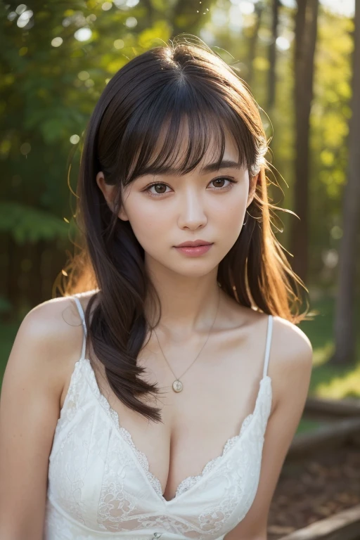 (in 8K, top-quality, masterpiece:1.2), (realisitic, Photorealsitic:1.37), ultra-detailliert, Natural sunlight, mideum breasts, I can see the cleavage, Yellow orange V-neck dress, 1 persons, 23-year-old woman, Facing the front, Look at viewers, beautiful long black hairl, Floating hair, Pendants, extremely detailed face and skin, A detailed eye, extremely detailed face and skin
