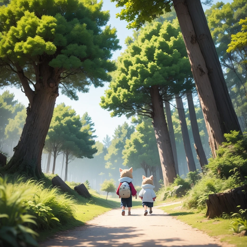 Un jeune garçon et une jeune fille furry mangent dans la forêt. Ils font du camping. Ils ont une tente. La tente est blanche. Les arbres de la forêt sont verts. Beaucoup d'arbres et de fleurs. L'ambiance est paisible et joyeuse. Le garçon et la fille rigolent en faisant du camping. Style : Mignon, anime, manga. Couleurs : vert, rose, bleu, rouge. Qualité : 8K. Ilustration détaillée et mignonne. Inspirée par les images du Studio Ghibli. Inspirée par Dofus. Inspirée par le Château dans le ciel. Ambiance : paisible, lo-fi, nature luxuriante, anime, manga. Daytime. Peaceful. Nature. Tree. Camping in the wood. Lost. Sunrise. Asia. Japan. Fanart. Camp. Tree. Fun. Boy and girl. Anime. Furry.