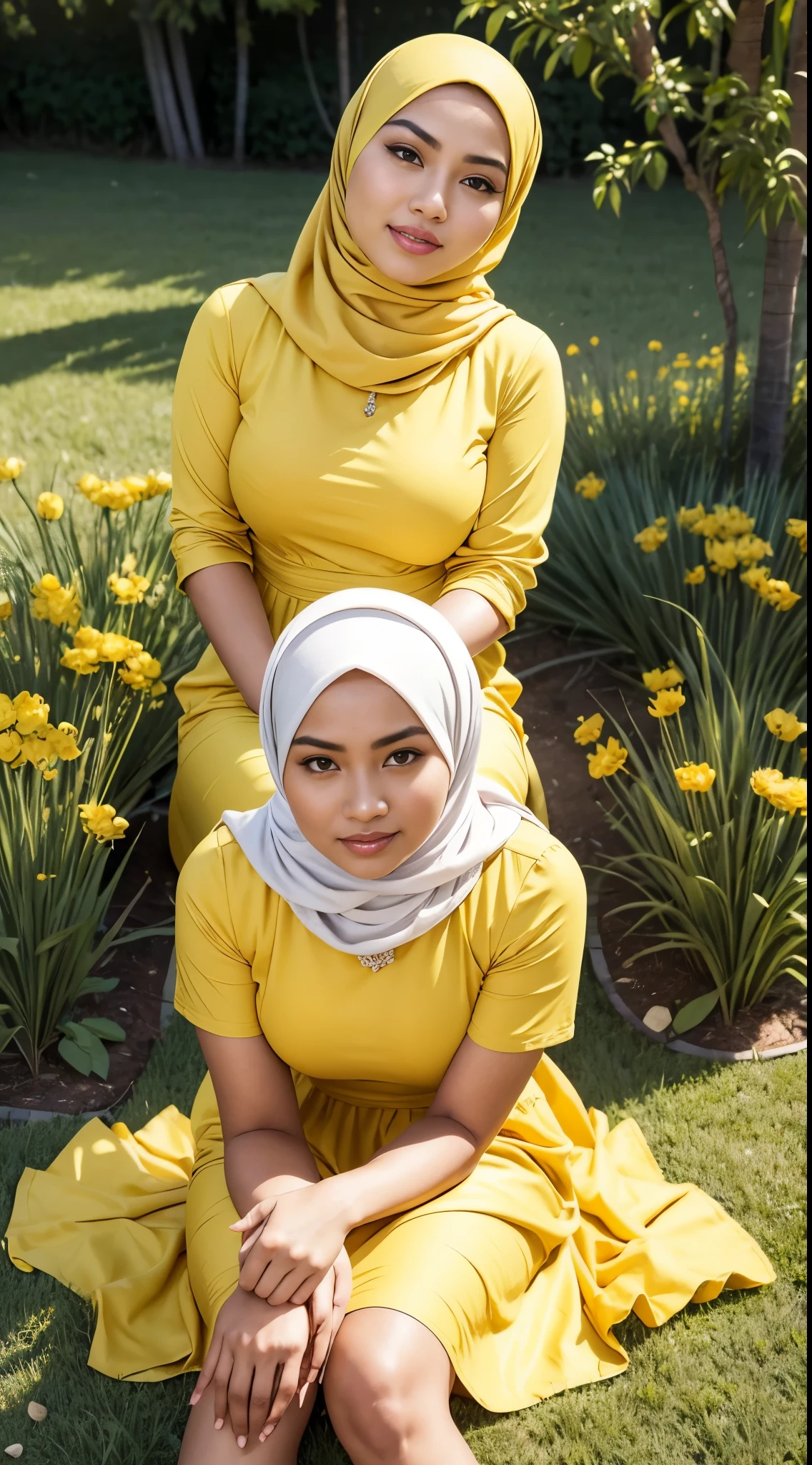 RAW, Best quality, high resolution, masterpiece: 1.3), beautiful Malay woman in hijab, Masterpiece, perfect fit body, Big breasts, beautiful big eyes, Soft smile, woman in yellow dress sitting on the flower garden grass, sitting cross-legged, deep yellow dress, light yellow dress portrait, turkneck,Amazing lighting, Bright colors, Clean lines