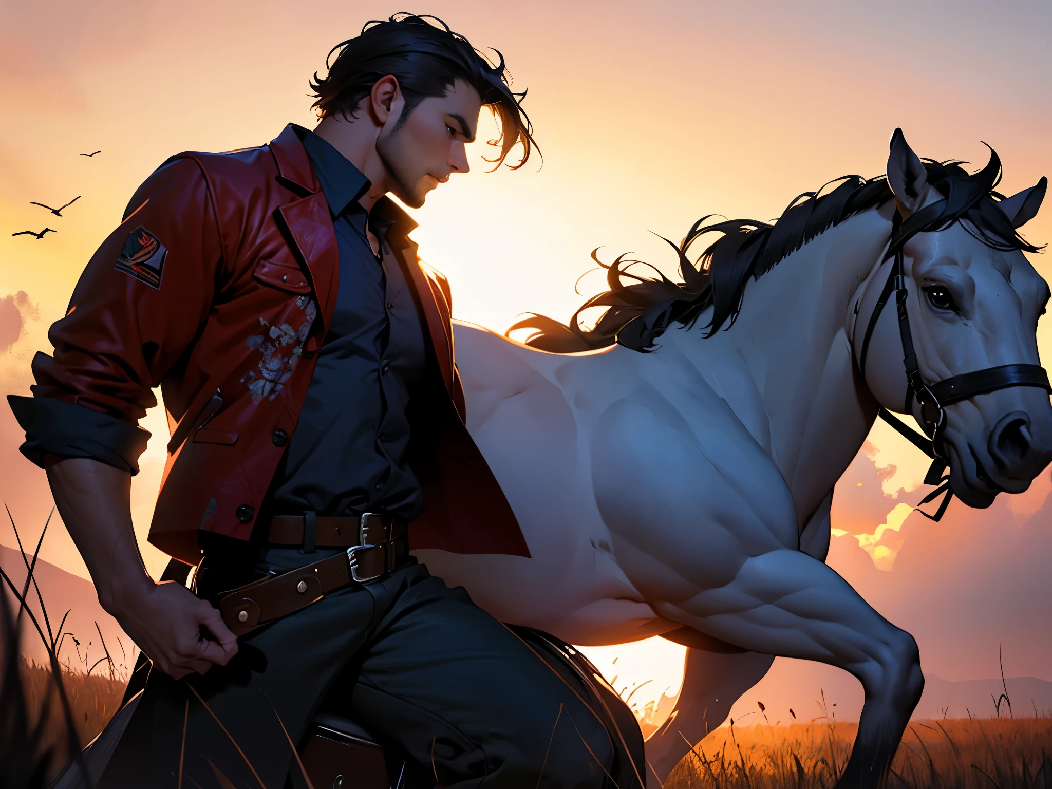 one rugged cowboy, muscular man, hunk, charming, attractive, revealing clothes, western wear, high contrast, majestic, sunset on the prairie, horseback silhouette, volumetric lighting, depth of field, best quality