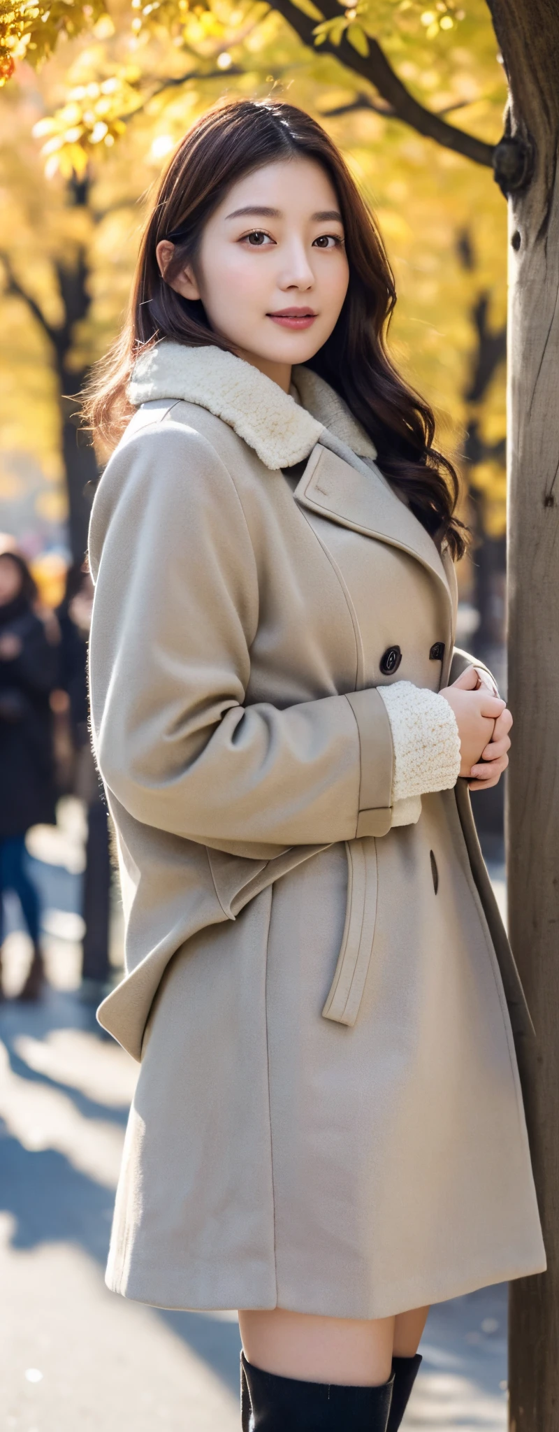 (8k, RAW photos, top quality, masterpiece: 1.2, ultra detailed, super resolution, real photos: 1.37), (Full body photo), 1 noble elegant Japanese lady, (standing contrapposte), winter season, ((black color coodinate, wearing over-size grey coat, winter fluffy skarf, beige long skirt, black tights, wearing long boots)), Shiny, Smile, Looks like 1.8 meters tall, large pelvis, Large breasts, big cuvy hips, Thin waist, Long legs, skin hyper-detail, 20 years old, Perfect face, (Detailed facial features), Wavy hair, Daylight, autumn season, center of street, crowd of people,