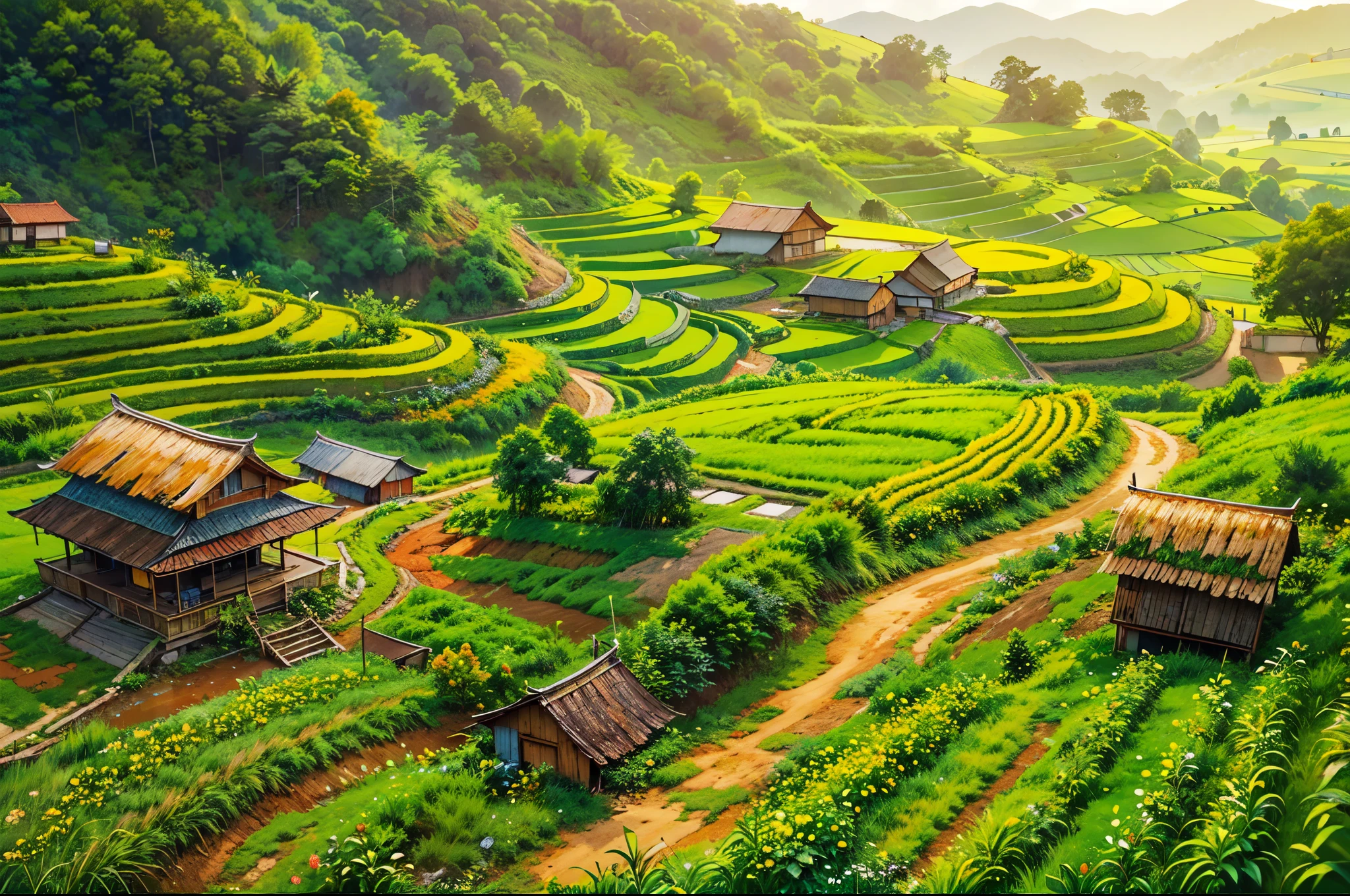 (best quality,4k,8k,highres,masterpiece:1.2),ultra-detailed,realistic,photorealistic:1.37,southeast asia,staircase field,farmer,2chickens,Vietnam,farm life,fertile land,rice terrace,traditional agriculture,harvest season,greenery,peaceful landscape,hardworking,traditional clothing,errand in the farm,sturdy bamboo hat,serene atmosphere,family-owned farm,vibrant culture,colorful traditional houses,rich heritage,breathtaking view,lush vegetation,abundant rice crops,modern farming techniques,sunshine through the leaves,buffalo grazing,community spirit,daily farm chores,simple living,sustainable farming practices,farm-to-table,fresh organic produce,farmhouse,authentic experience,tranquil countryside