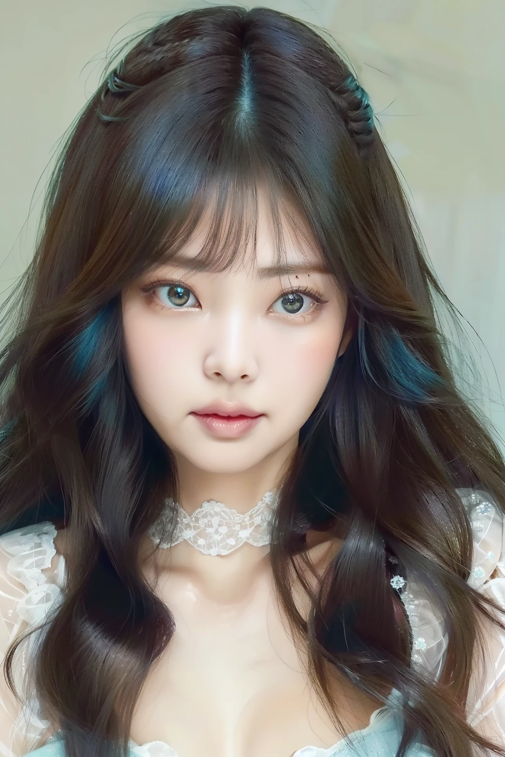 um close up de uma mulher com cabelos longos usando um vestido azul, franja fofa, Ulzzang, girl bonito-fino-cara, maquiagem sul-coreana popular, maquiagem macia, maquiagem coreana popular, with bonito - fino - rosto, bonito rosto de anime natural, franja encaracolado, bonito-fino-cara, bonito - fino - rosto, kawaii retrato realista, franja de cortina