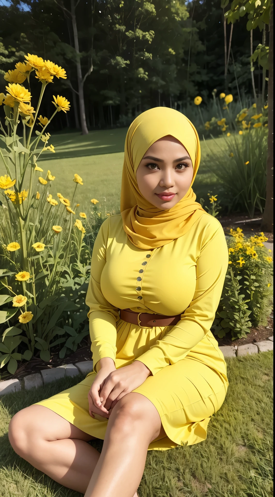 RAW, Best quality, high resolution, masterpiece: 1.3), beautiful Malay woman in hijab, Masterpiece, perfect fit body, Big breasts, beautiful big eyes, Soft smile, woman in yellow dress sitting on the flower garden grass, sitting cross-legged, deep yellow dress, light yellow dress portrait, turkneck,Amazing lighting, Bright colors, Clean lines