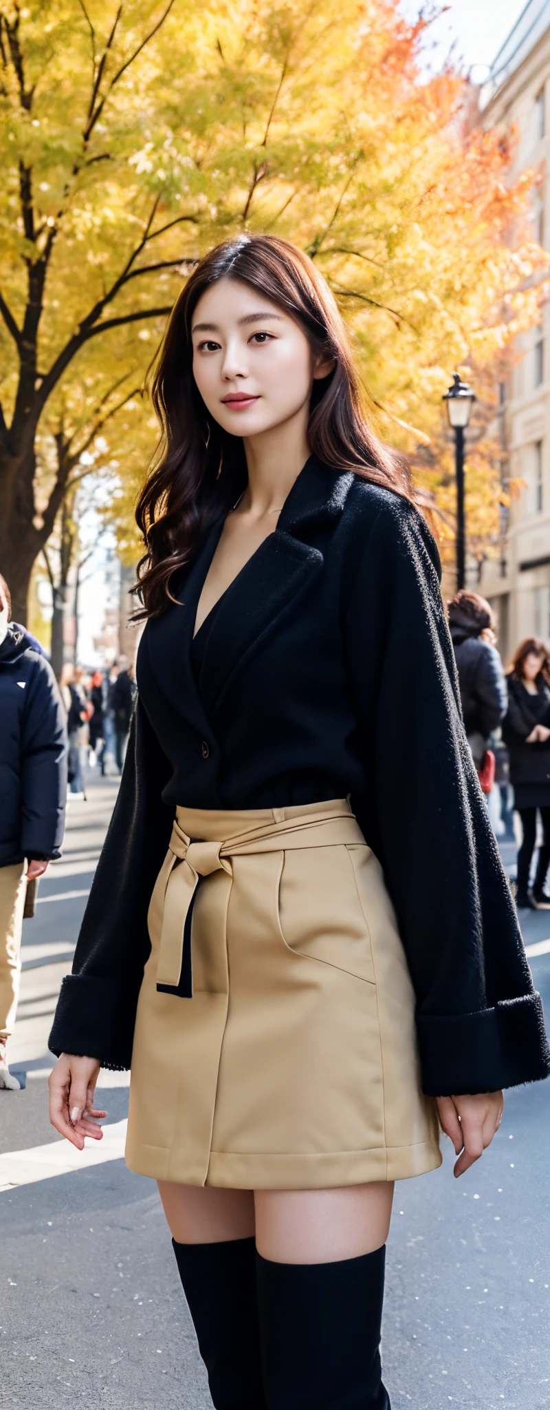 (8k, RAW photos, top quality, masterpiece: 1.2, ultra detailed, super resolution, real photos: 1.37), (Full body photo), 1 noble elegant Japanese lady, (standing contrapposte), winter season, ((black color coodinate, wearing over-size black coat, winter fluffy skarf, beige long skirt, black tights, wearing long boots)), Shiny, Smile, Looks like 1.8 meters tall, large pelvis, , big cuvy , Thin waist, Long legs, skin hyper-detail, 20 years old, Perfect face, (Detailed facial features), Wavy hair, Daylight, autumn season, center of street, crowd of people,