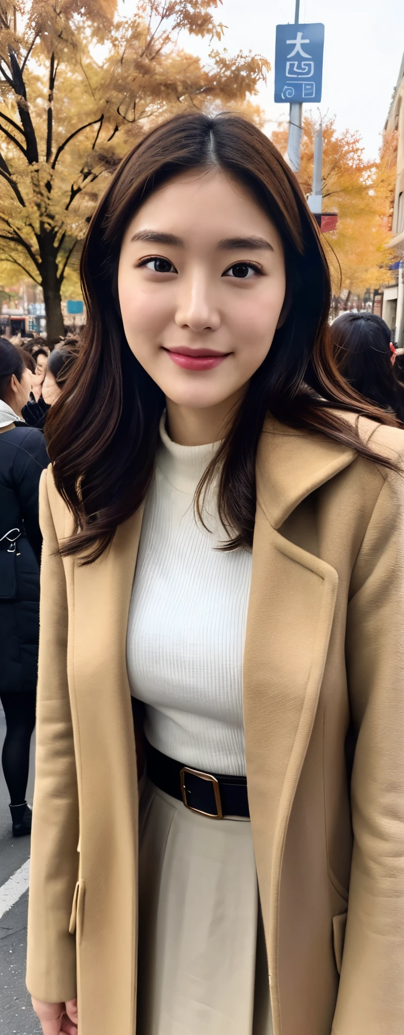 (8k, RAW photos, top quality, masterpiece: 1.2, ultra detailed, super resolution, real photos: 1.37), (Full body photo), 1 noble elegant Japanese lady, (standing contrapposte), winter season, ((black color coodinate, wearing over-size white coat, winter fluffy skarf, beige long skirt, black tights, wearing long boots)), Shiny, Smile, Looks like 1.8 meters tall, large pelvis, Large breasts, big cuvy hips, Thin waist, Long legs, skin hyper-detail, 20 years old, Perfect face, (Detailed facial features), Wavy hair, Daylight, autumn season, center of street, crowd of people,