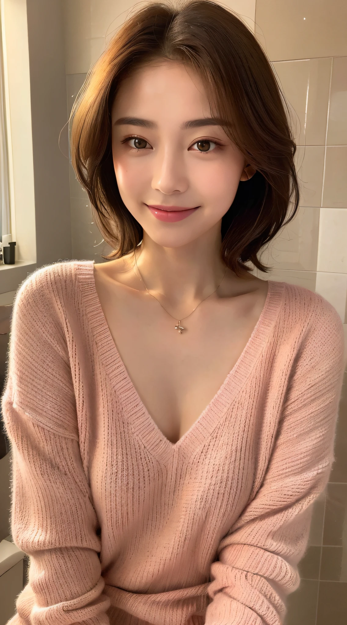((Night, Realistic Light, Best Quality, 8K, Masterpiece: 1.3)), 1girl, Slim Beauty: 1.4, Abs: 1.1, (Brown hair, Medium breasts: 1.3), Long pink sweater: 1.1, Bathroom, Super fine face, Delicate eyes, Double eyelids, smile, necklace