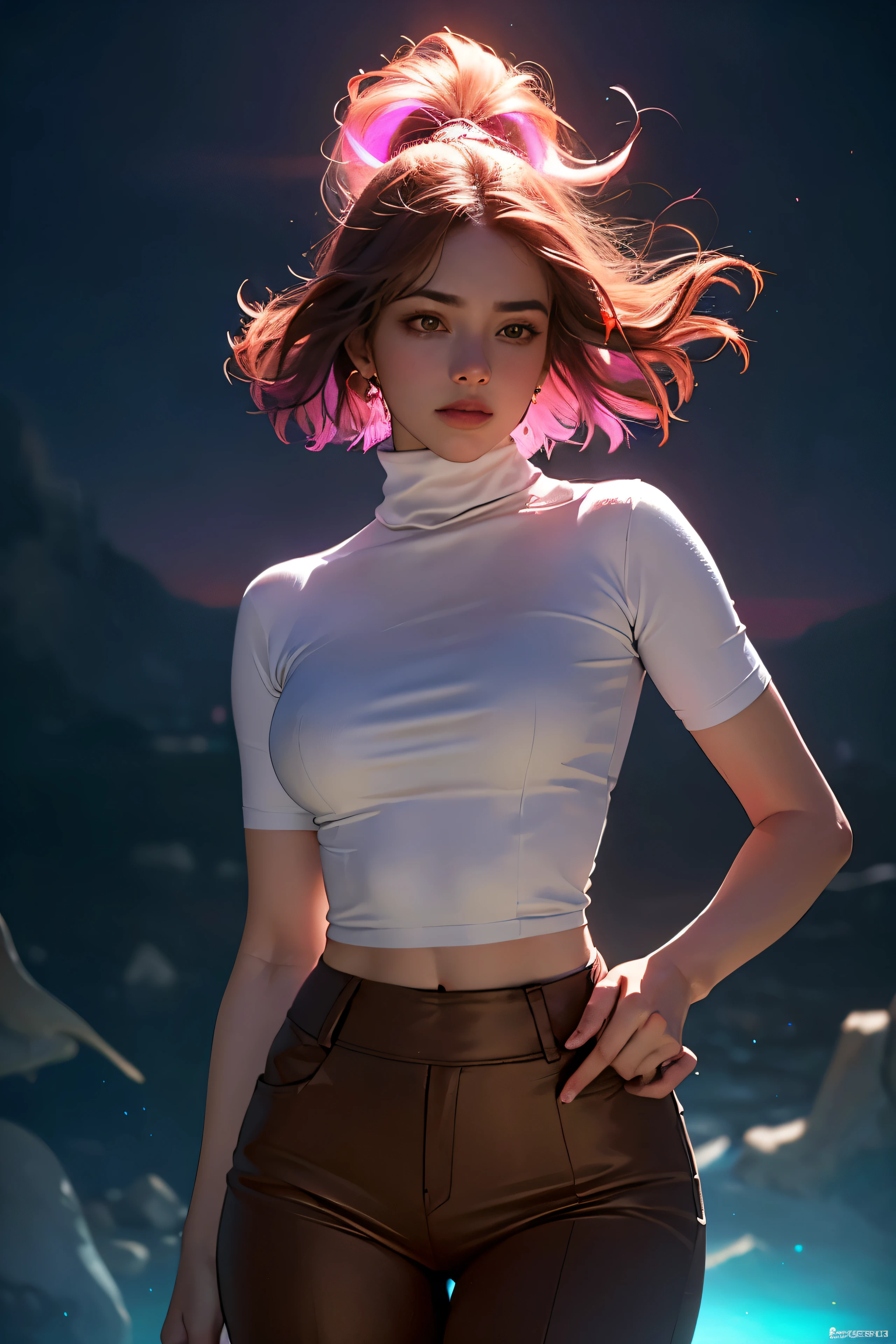enigmatic atmosphere, atmospheric, ethereal quality,realistic,beautiful and aesthetic,
solo,groin,Pink turtleneck, brown pants,(nsfw:0.85),
Democracy,
power station,
(Glowing ambiance, enchanting radiance, luminous lighting, ethereal atmosphere, mesmerizing glow, evocative hues, captivating coloration, dramatic lighting, enchanting aura),