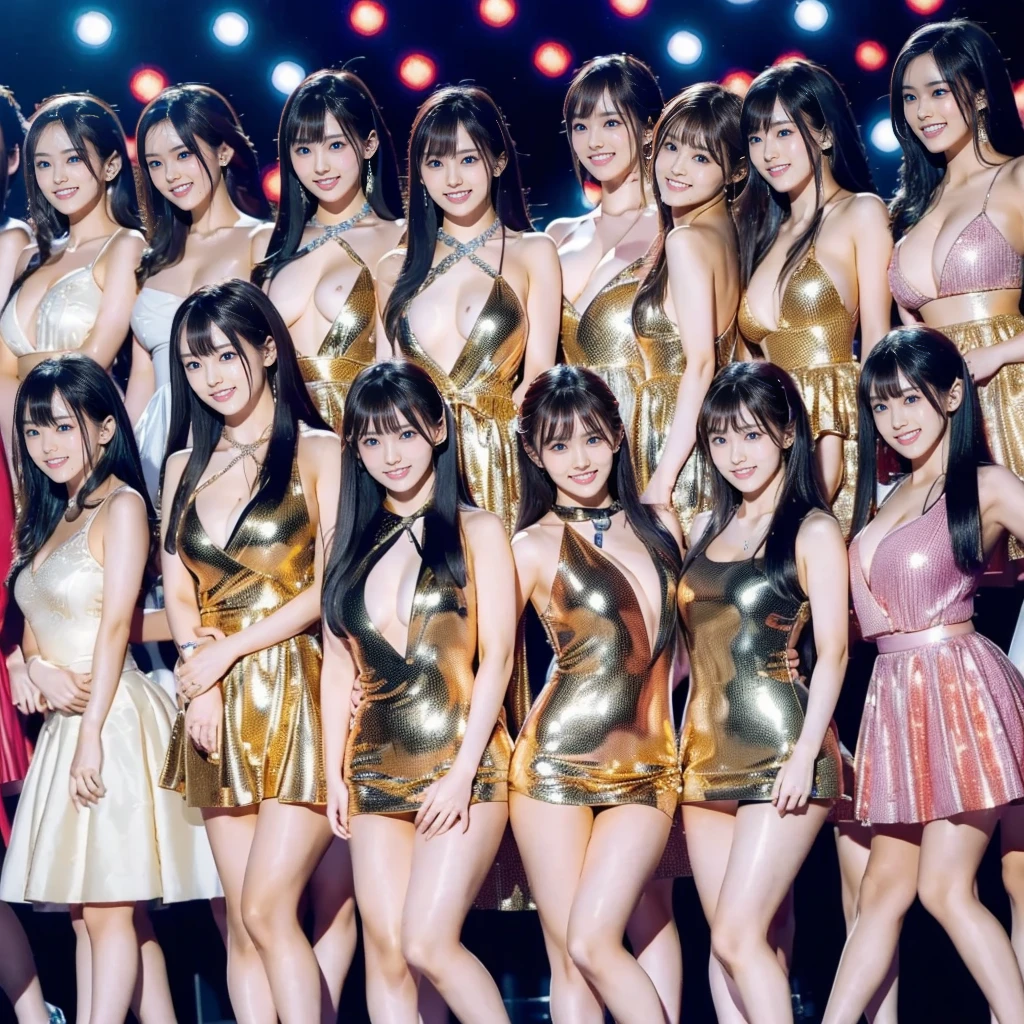 Raw photo、(((multiple girls))),((((6+girls)))),Women only、100 idols singing and dancing on stage、,japanes、((Same height))、The same face,((A dark-haired)),Longhaire