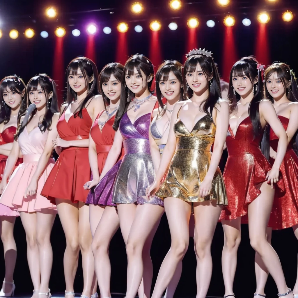 Raw photo、(((multiple girls))),((((6+girls)))),Women only、100 idols singing and dancing on stage、12 years old,japanes、((Same height))、The same face,((A dark-haired)),Longhaire
