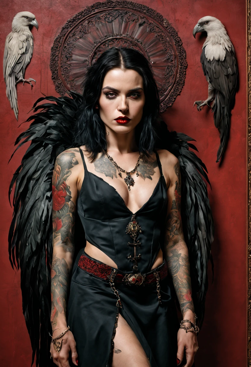 Bettina rheims shot, pagan saint, full body shot, the person is going through a heartbreak, tattoes, sacred, icon, young woman with tattoos with red wall, in the style of gothic dark and ornate, clayton crain, fine feather details, altarpiece, layered imagery, photo taken with provia, henry justice ford
