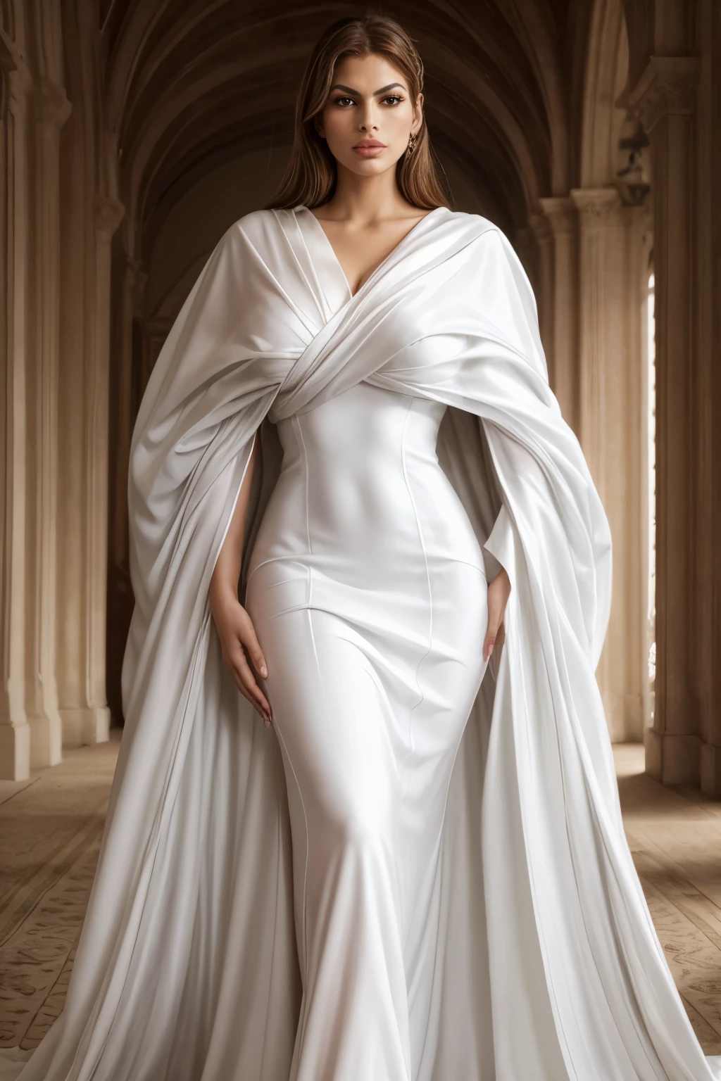 a woman (Eva Mendes) in a whitedress and cape is posing for a photo, tief ausgeschnittenes Kleid, beautiful breasts visible in the neckline, draped in flowing fabric, completely covered with curtains, Kleid. Extrem hohe Detailgenauigkeit, whitedress, flowing white Kleids, flowing Kleids, flowing cape, flowy dress, Kleids! kompliziert, kompliziert gown, Kleidd, extravagantes Kleid, flowing fabric, Foto aus dem Vogue-Magazin, Seductive, voluptuous look, Frau will Sex