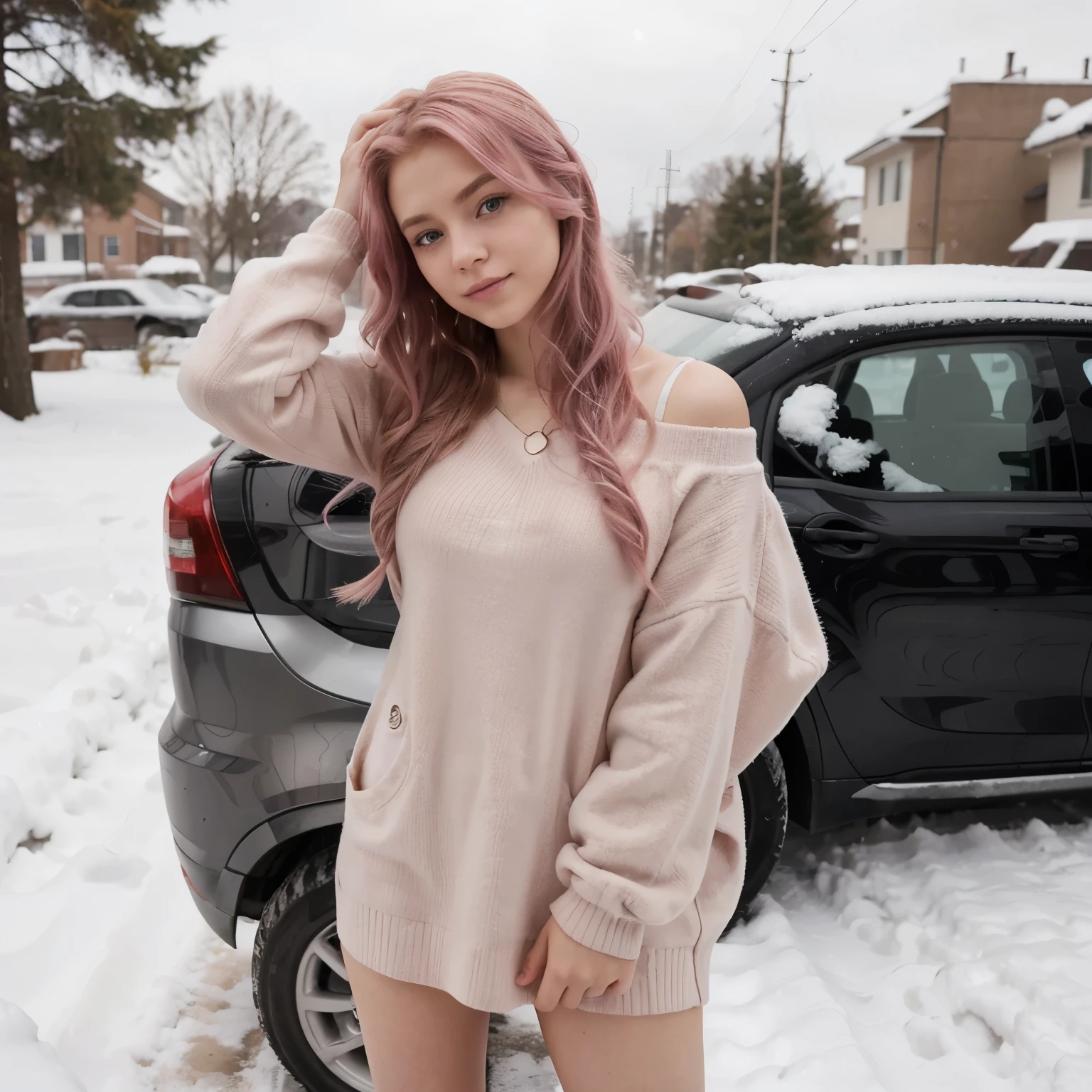 full body portrait of an 18 year old young woman with striking pink hair taking a selfie by herself from an iPhone webcam using her left hand, it's frosty outside. she has long curly hair that falls in loose on her shoulders. she has a minimal makeup, confident look (smirk), she slightly turn her head to the right and using her right hand to touch her hair. she touches her hair, closee eyes, frozen car windows