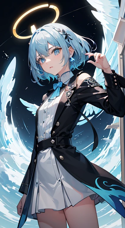 Ark of tomorrow style,(tmasterpiece:1.4,Best quality))++,(hyper-detailing)+,(Best quality,hyper-detailing,vibrant with colors,rich colourful,dyna角度,hight contrast:1.2),(tmasterpiece,Best quality,style of anime,a sense of atmosphere,higher detailed,cg render,Standing painting,ray traycinodern day,sci-fy,Divine top light),A boy,Height about 171cm,holographic projections,white colors头发,Short gray hair,Blue pupil,white colors连帽外套,手上有一把black in color的铳枪(Blue accents,high qulity,hyper-detailing),蓝黑white colors靴子,minor,,The overall color is:white colors,in different shades of blue,black in color ,There is a square light blue halo on the head,There are icy blue fragment-shaped wings on the back.,天使但是modern day版,Smooth floor, crystalackground with是星空),Draw the whole body,delicated face,exquisite facial featurerom below:0.5), Fashionab, with dynamism, garments, posing on a, frontage, rich colourful, dyna, Background with, element in, self-assured, Expressing the, statement, fittings, A majestic, coil, Runt, Scenes, Cover of a, boldness, attention-grabbing, Fashionab, typeface, Catchy, attention-grabbinodern day, Fashionab, focal, Fashionab