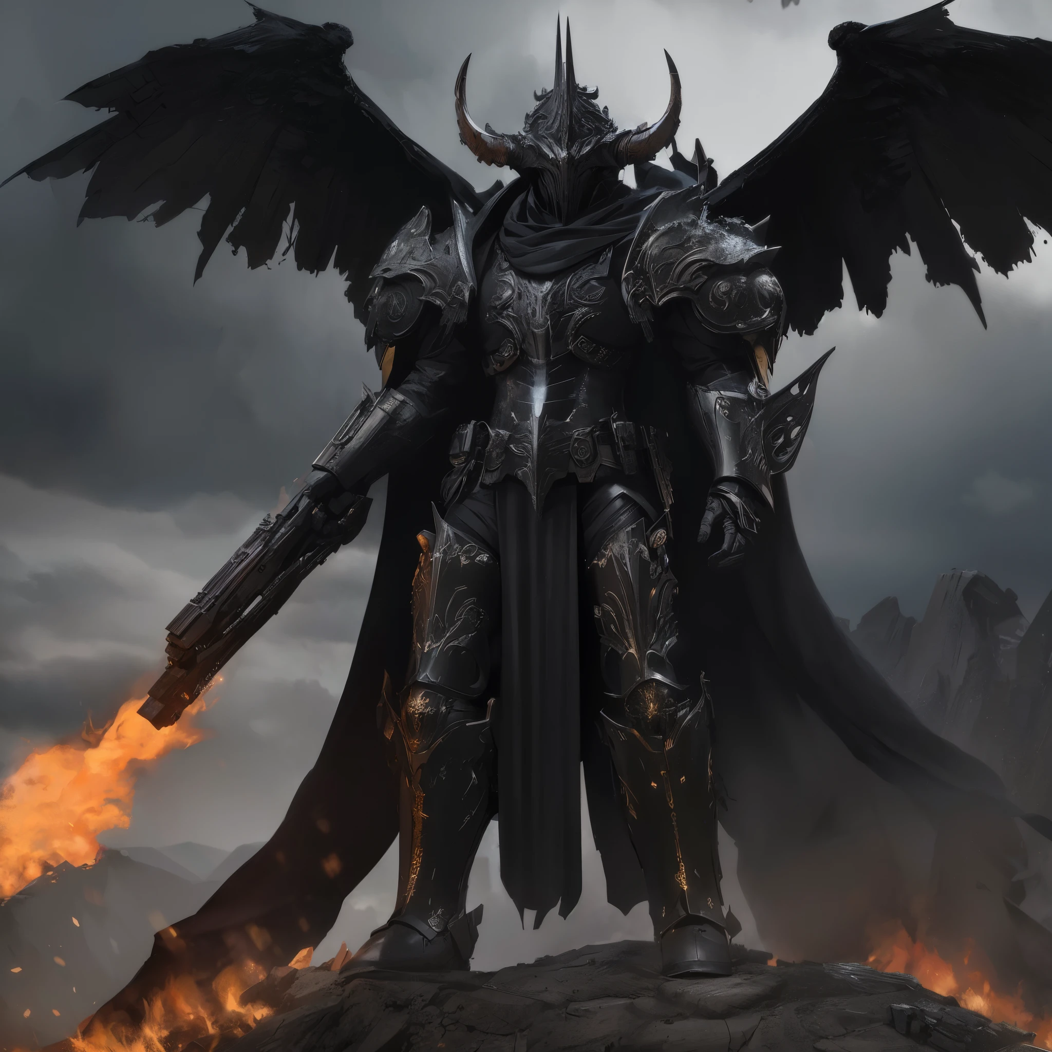 Western fantasy,Huge Storm Armor,towering helmet,high qulity, Complicated details,A high resolution,structurally correct,Tattered black cloak,Hand-held cannon,dark fog,burning demon wings,There is a black halo above the head,midynight,lightand shade contrast,Full body photo from the side,Dark fantasy style,Complicated detailantasyart,concept-art,character design,unreal-engine,Perfectcomposition,Cinematic lighting effects,cinematic shadow,Reasonable limbs,Steampunk scene,depth of fields,style of anime,日本style of anime