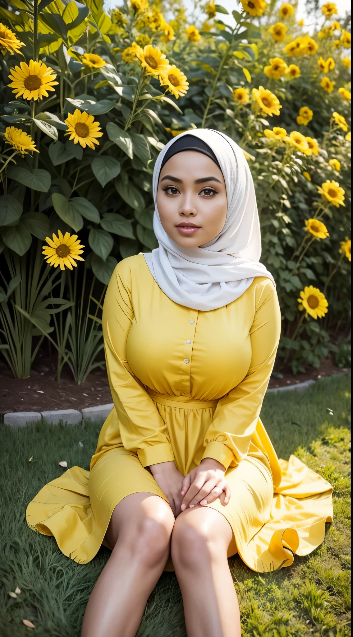 RAW, Best quality, high resolution, masterpiece: 1.3), beautiful Malay woman in hijab, Masterpiece, perfect fit body, Big breasts, beautiful big eyes, Soft smile, woman in yellow dress sitting on the flower garden grass, sitting cross-legged, deep yellow dress, light yellow dress portrait, turkneck,Amazing lighting, Bright colors, Clean lines
