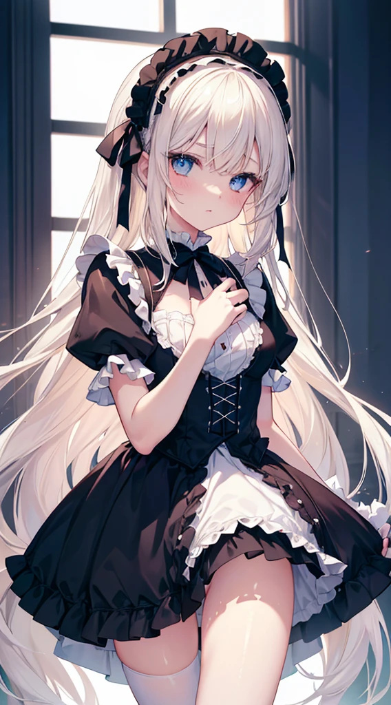 (White liquid on the thighs)((genitalia))(No pants,)(Love juice and crotch ,Not wearing pants)(masutepiece, Best Quality:1.2), 8K, 85 mm, Official art, Raw photo, absurderes, Platinum Blonde Hair, (Blue eyes, ta Fashion, sweetlolita, Gothic, Dress:1.2), Idol face, Upper body, Beautiful Girl, gardeniass, Copenhagen, Short sleeve, Elegance, Sophisticated, gardenia, Looking at Viewer, Film grain, chromatic abberation, Sharp Focus, face lights, Dynamic lighting, Cinematic lighting, embarassed expression, (((tucking up the skirt、,)))、Beautiful and perfect legs, Clean and perfect hands