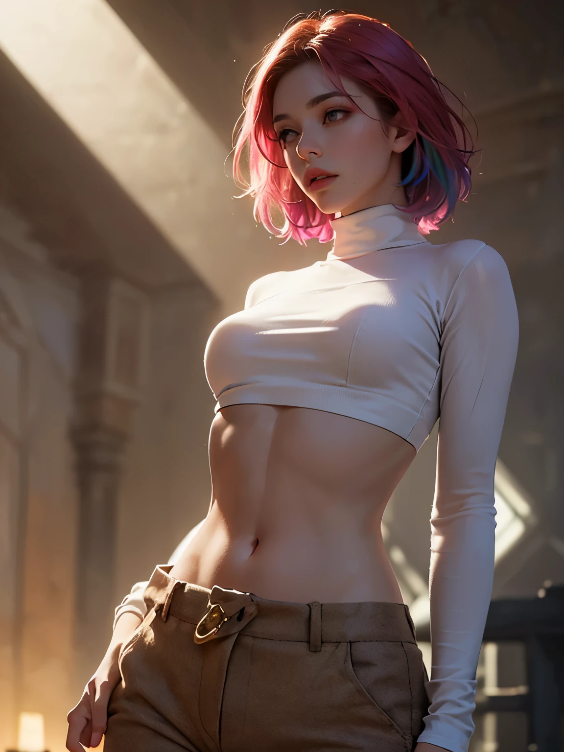 enigmatic atmosphere, atmospheric, ethereal quality,realistic,beautiful and aesthetic,
solo,groin,Pink turtleneck, brown pants,(nsfw:0.85),
Democracy,
power station,
(Glowing ambiance, enchanting radiance, luminous lighting, ethereal atmosphere, mesmerizing glow, evocative hues, captivating coloration, dramatic lighting, enchanting aura),