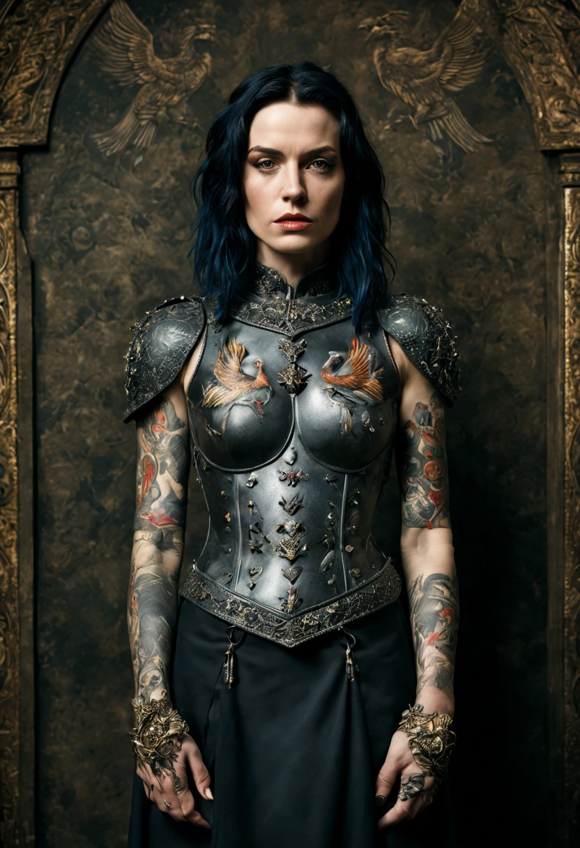 Bettina rheims shot, pagan saint, full body shot, the person is going through a heartbreak, tattoes, sacred, icon,, a woman wearing armour, in the style of tattoo inspired, southern gothic-inspired, naturalistic bird portraits, gothic dark and ornate, duffy sheridan, uhd image, symmetrical