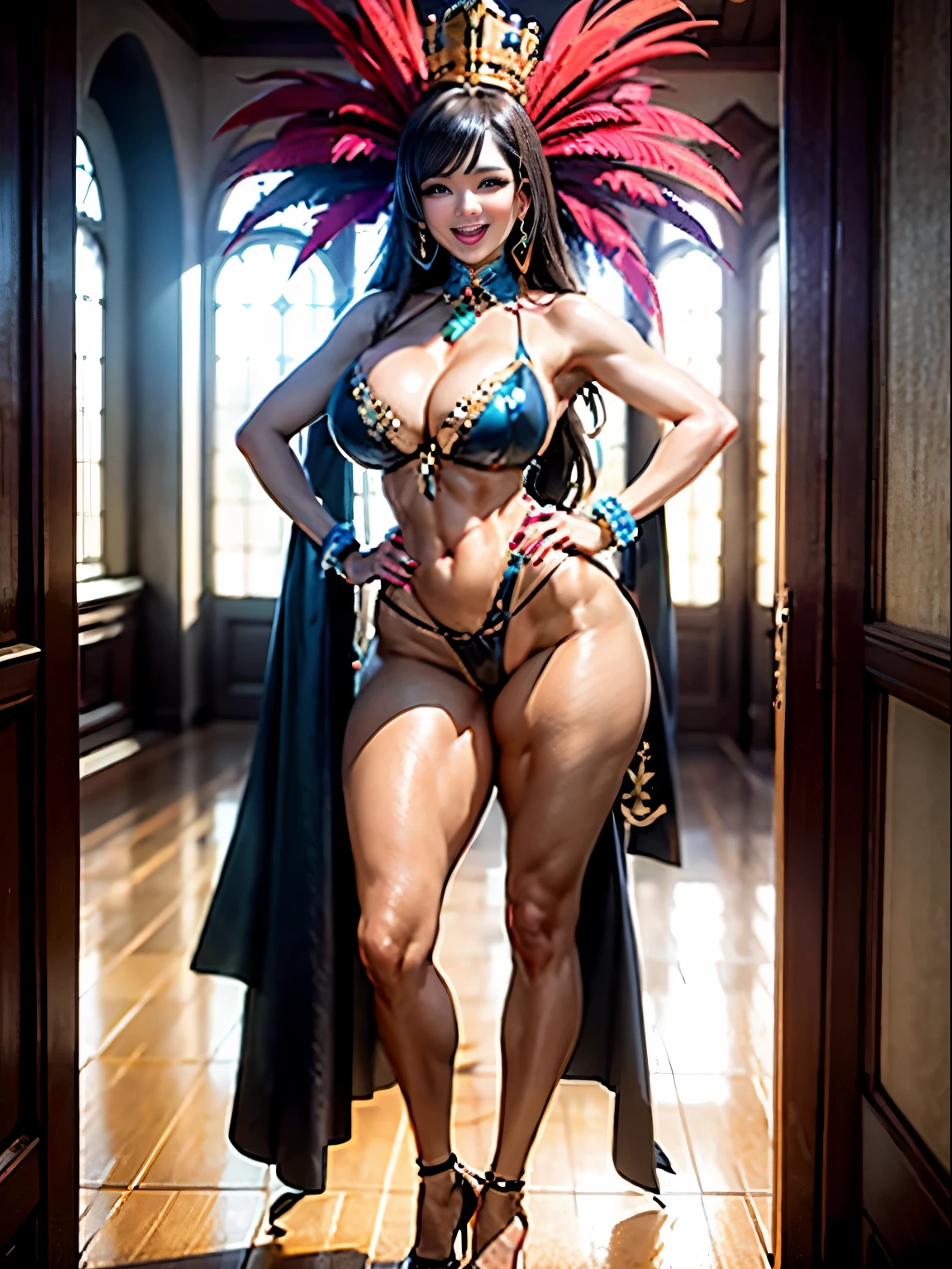 ((tmasterpiece, Best quality at best,rim质量)), Permanent,posed for photo,Smiling,Excited,Latin voluptuous muscular beauty,rim,, (Raised sexy的的,brunette color hair),Feather Crown Carnival, long whitr hair, brunette color hair, medium, Permanent, full body, Oily skin, high-heels, Wheat-colored skin, both hands on hip, Colorful, 细high-heels ,Wearing edg carnival costumes，Raised sexy