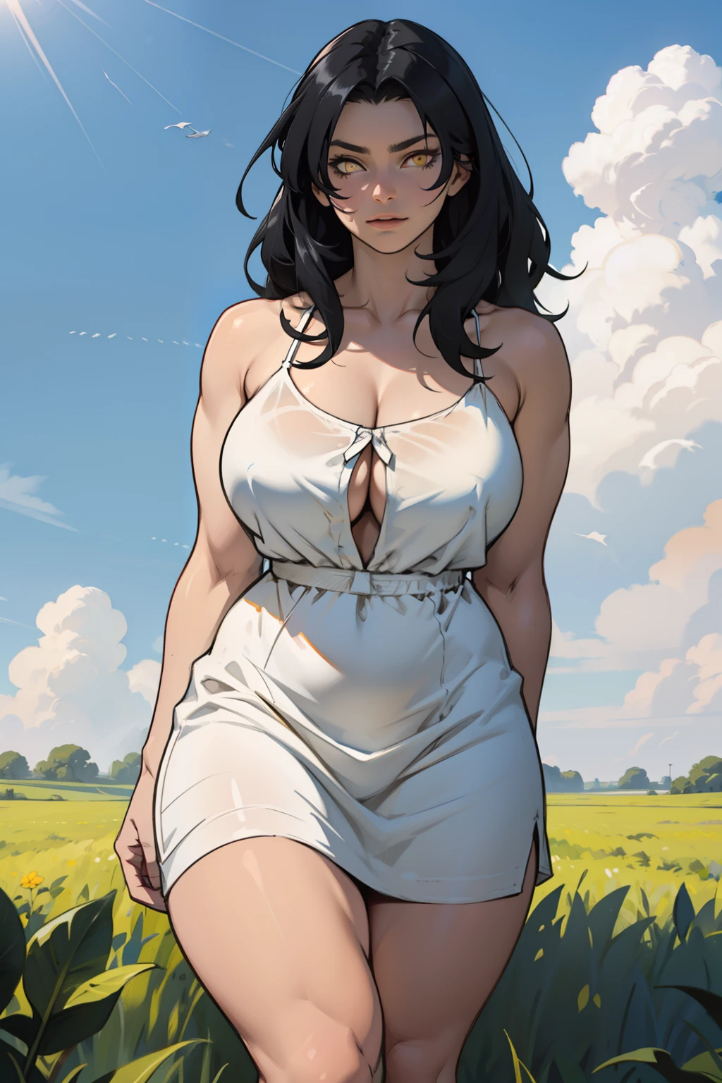 muscular huge breasts thick thighs sunny field sky clouds black hair yellow eyes sundress black hair yellow eyes pale skin solo flowing hair
