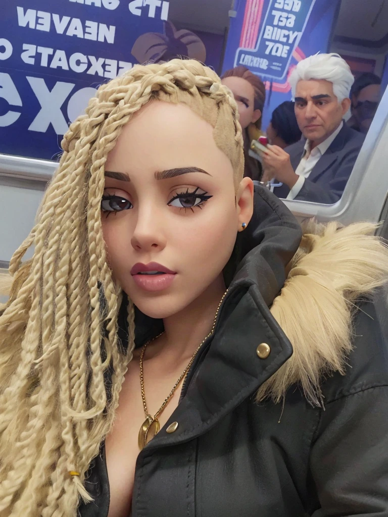 Una hermosa mujer latina con ojos bien expresivos y detallados y peinada con trenzas, sentada en el tren.