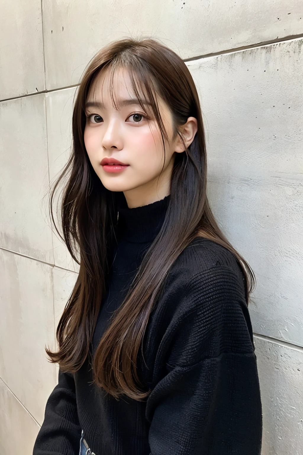 of the highest quality, 1 beautiful woman, age 28, S, 35mm lens, F/1, Cowboy Shot, Concrete background、Tile background、Black knitwear、Light brown、tile wall,From below、Straight hair、Straight hair、