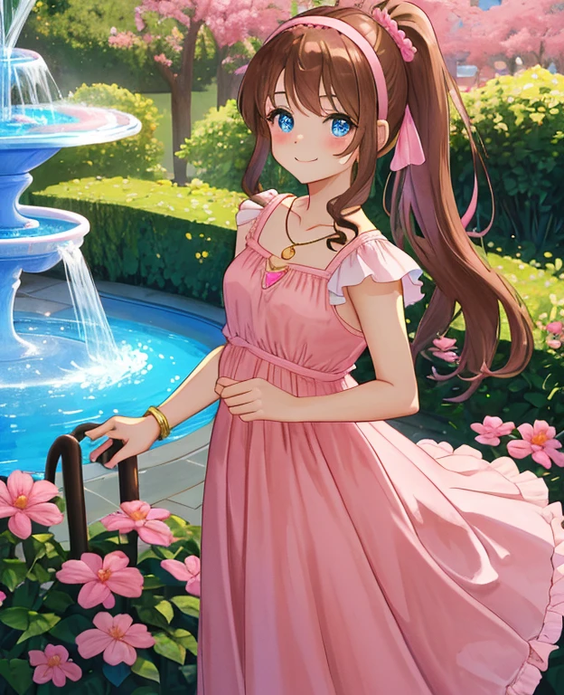 Best lighting, brown hair, medium hair, ponytail, pink Hairband, blue eyes, bare arms, pink maxi dress, little pink dress, golden necklace, pink slipper, smile, cowboy shot, standing, garden, water fountain, beautiful, best quality,
