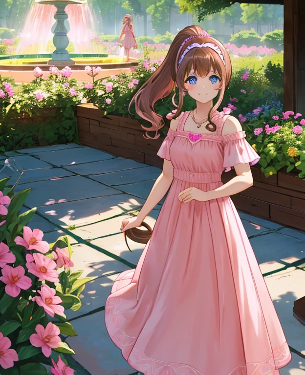 Best lighting, brown hair, medium hair, ponytail, pink Hairband, blue eyes, bare arms, pink maxi dress, little pink dress, golden necklace, pink slipper, smile, cowboy shot, standing, garden, water fountain, beautiful, best quality,