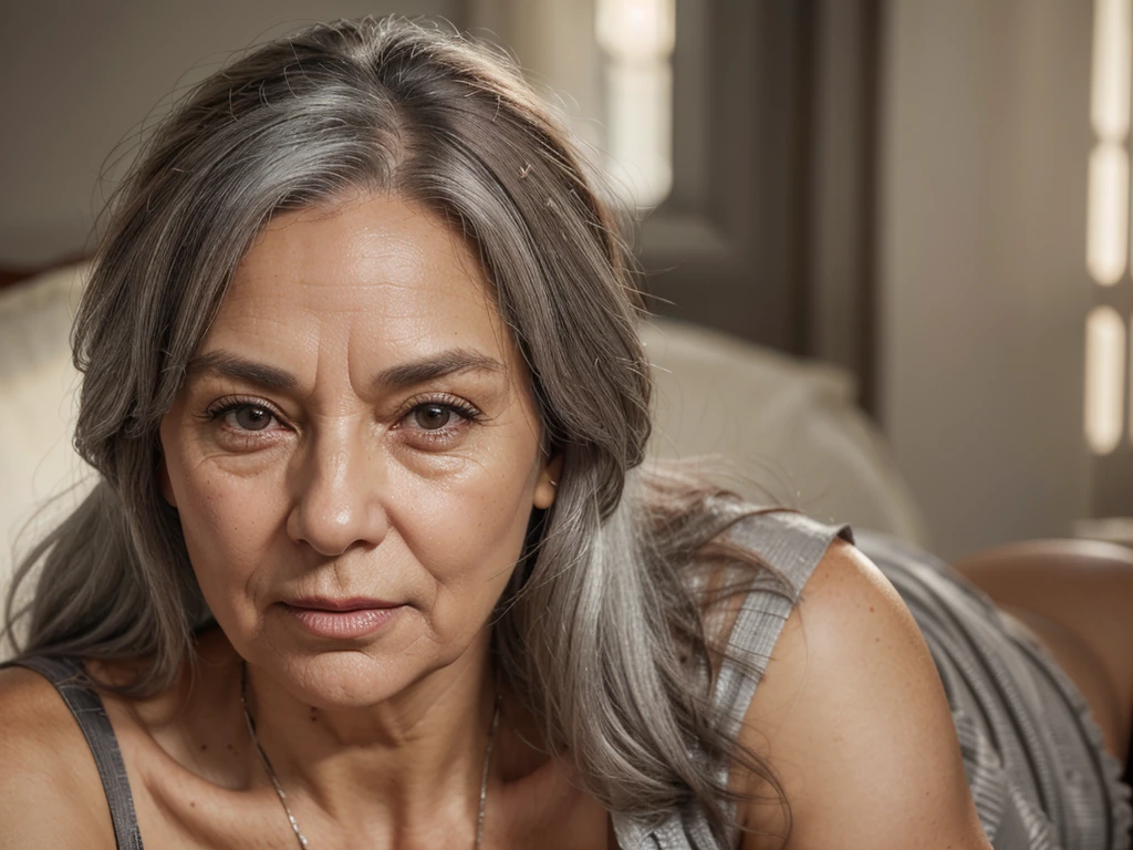 full body portrait of a 75 year old woman with a lock of gray hair on top, seductive look, brown eyes, lots of wrinkles on her face, detailed wrinkles, proper eye position, soft light, hips, detailed background with color gradation, Intricate, highly detailed, octane rendering, HD, 8k,