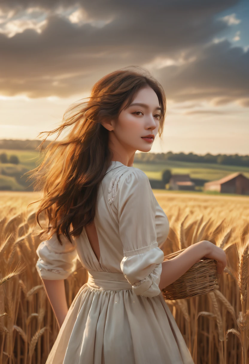 Farm life，Farm building，wheat field,barrel girl，(Life scenes:1.5)