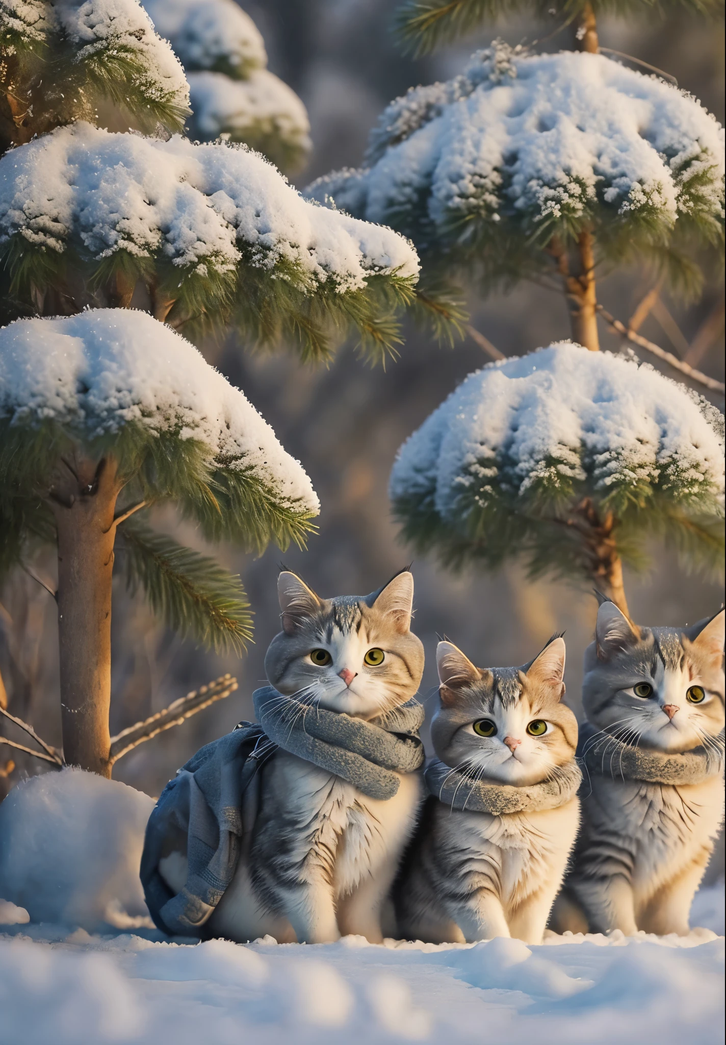 cat and its babies  stand out against the snowy background, surrounded by rows of coniferous trees --auto --s2