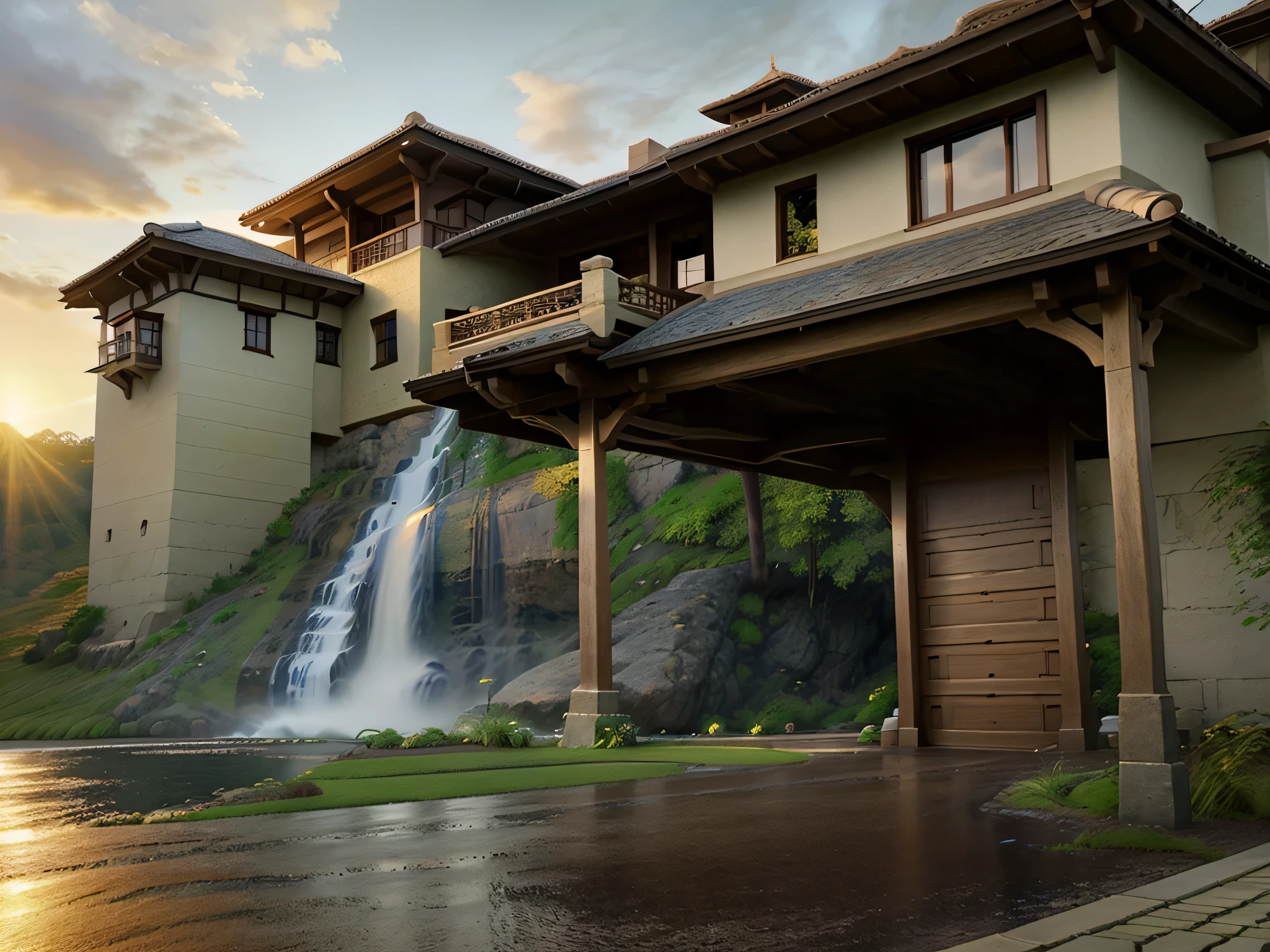 fantasy00d,house,driveway,house,driveway,(masterpiece), (detailed), (intricate details), (realistic:1.4),photo, Fujifilm,16k,fantasy,sunrise,castle,waterfall