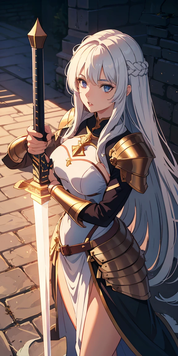 1woman, long hair, mature, parted lips, standing, kinght armor,holding sword, in front of the castle,  light rays, glow, narrow waist, (masterpiece), wallpaper, wide angle, from above