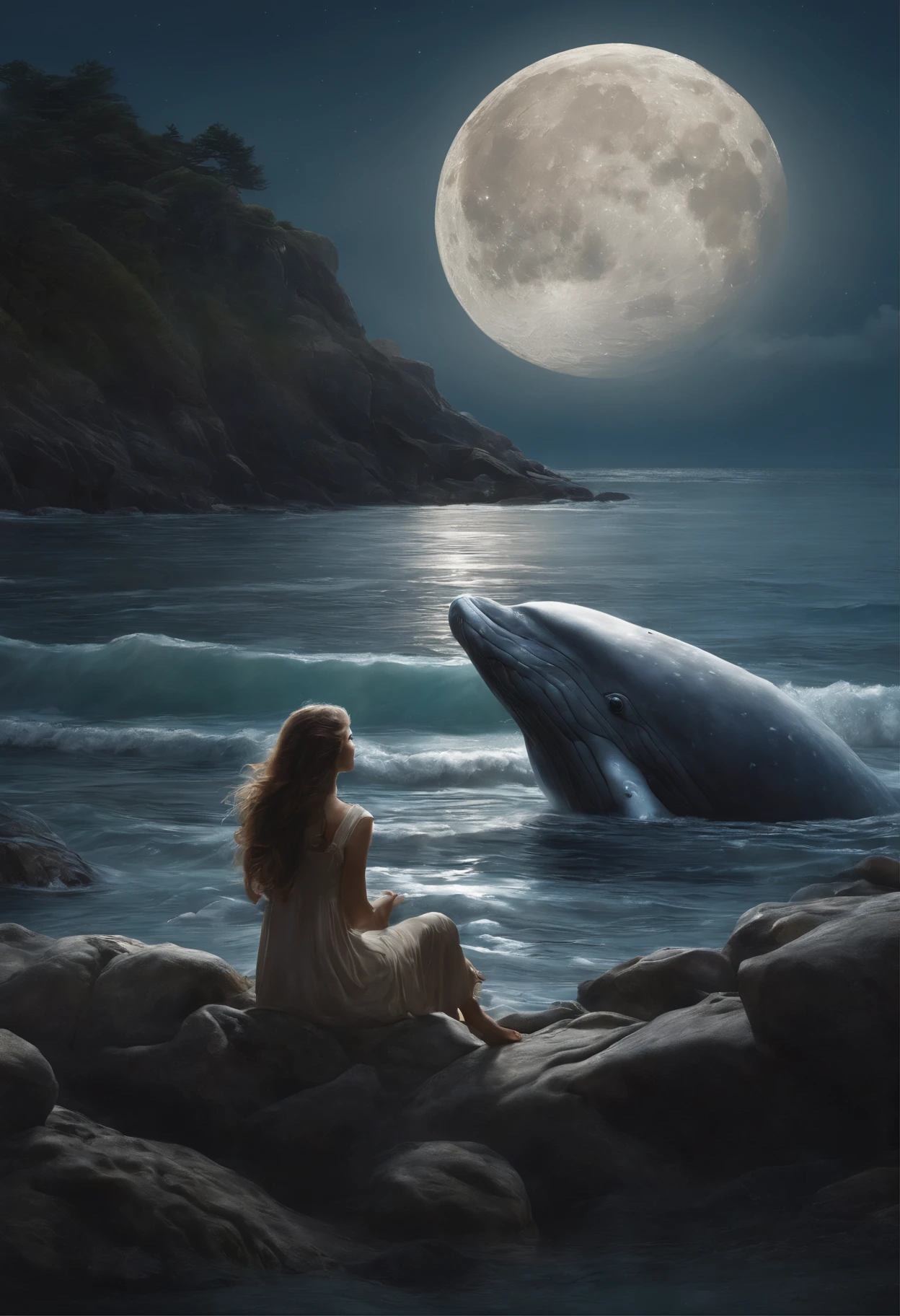 A girl on the rocks in the ocean touches the face of a gray whale, emerging from the sea against the backdrop of a huge full moon.., a huge moon lights up the sky, the moon illuminates the sea, Jean-Baptiste Monge, anthropomorphic --ar 2:3 --testp -optimistic;