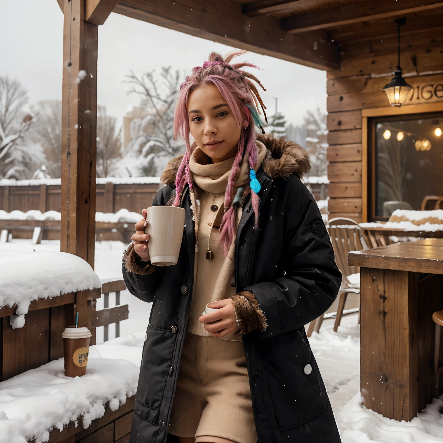 Tan woman, bright linghtpink hair with dreadlocks, 25 years old, standing in a snowy enviroment, wearing a black winter coat with furr collar. Drinking one hot cup of coffe