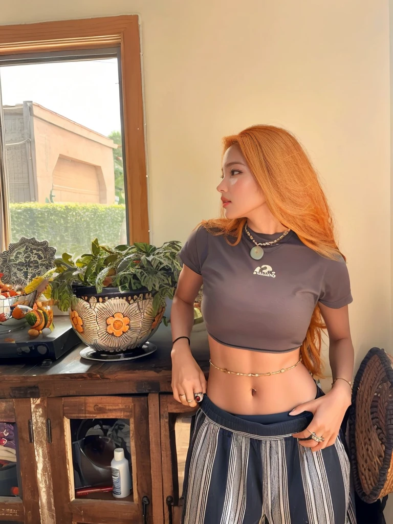 there is a woman standing in front of a table with a bowl of fruit, flowing ginger hair, com cabelos ruivos cacheados, usando um top cropped sexy, Deusa dos cabelos ruivos, ela tem cabelos longos e redorange, com longos cabelos ruivos, gengibre cabelo ondulado, cabelos cacheados cor de cobre, her navel is exposed, Donzela com cabelo de cobre, pele laranja e cabelo ardente longo