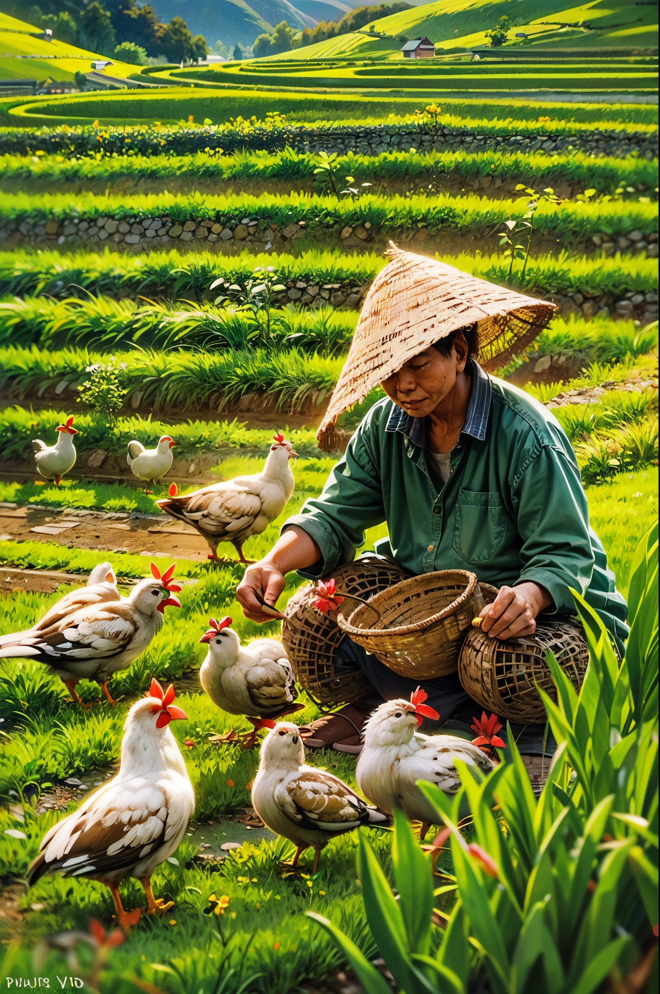 (best quality,4k,8k,highres,masterpiece:1.2),ultra-detailed,(realistic,photorealistic,photo-realistic:1.37),stunning, vibrant colors,farm life,scenic Southeast Asia stairs field,farmer working diligently,traditional Vietnamese farmer attire,natural sunlight illuminating the scene,colorful chickens happily pecking the ground,authentic Vietnamese rural setting,lush green rice terraces stretching into the distance,serene and picturesque landscape,peaceful and harmonious atmosphere,farmer's hardworking spirit,traditional farming techniques passed down through generations,cultural richness and heritage of Vietnam,meticulously detailed steps of the stairs field,subtle texture of the terraced fields,layered composition of the agricultural landscape,charming and idyllic countryside scene,immersive view of the rustic scenery,rich cultural context of Southeast Asia,Vietnamese craftsmanship and agricultural traditions shining through,authentic portrayal of the farmer's daily life,diligent caretaker of the land,stunning visual storytelling,emotionally captivating artwork,mesmerizing perspective capturing the essence of the moment,awe-inspiring depiction of the Southeast Asian farming community,inspiring and thought-provoking artwork,immersive and evocative piece of Southeast Asian art,exquisite attention to detail,showcasing the natural beauty and simplicity of rural life,meticulous craftsmanship and precision in each brushstroke,compelling narrative that sparks curiosity and imagination,stunning play of light and shadow across the scenery,evoking a sense of tranquility and serenity,embodying the timeless beauty of Southeast Asia's agricultural landscapes,inviting viewers to experience the charm and authenticity of Vietnam's countryside.