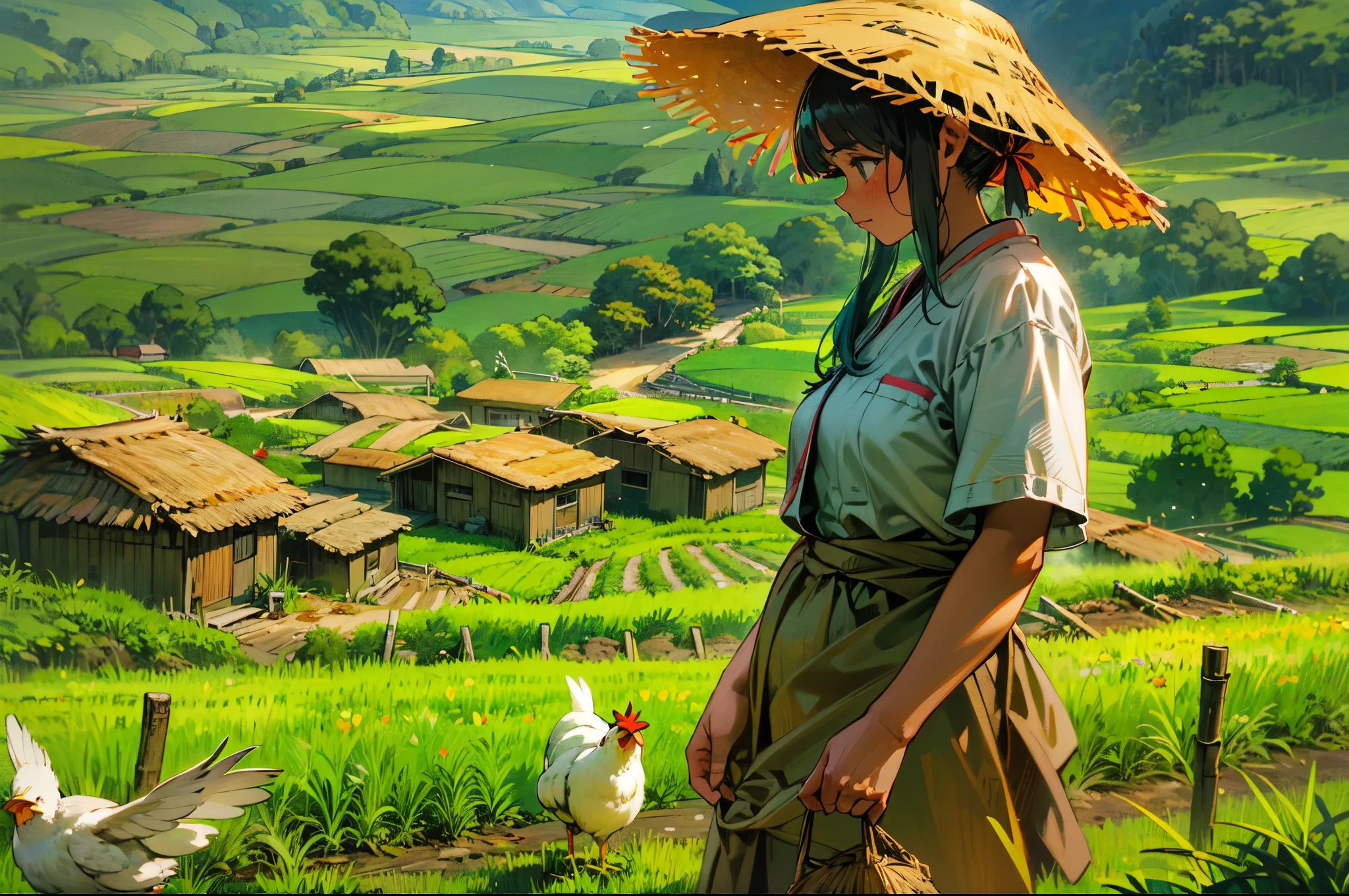 (best quality,4k,8k,highres,masterpiece:1.2),ultra-detailed,realistic,photorealistic:1.37,southeast asia,staircase field,farmer,2chickens,Vietnam,farm life,fertile land,rice terrace,traditional agriculture,harvest season,greenery,peaceful landscape,hardworking,traditional clothing,errand in the farm,sturdy bamboo hat,serene atmosphere,family-owned farm,vibrant culture,colorful traditional houses,rich heritage,breathtaking view,lush vegetation,abundant rice crops,modern farming techniques,sunshine through the leaves,buffalo grazing,community spirit,daily farm chores,simple living,sustainable farming practices,farm-to-table,fresh organic produce,farmhouse,authentic experience,tranquil countryside
