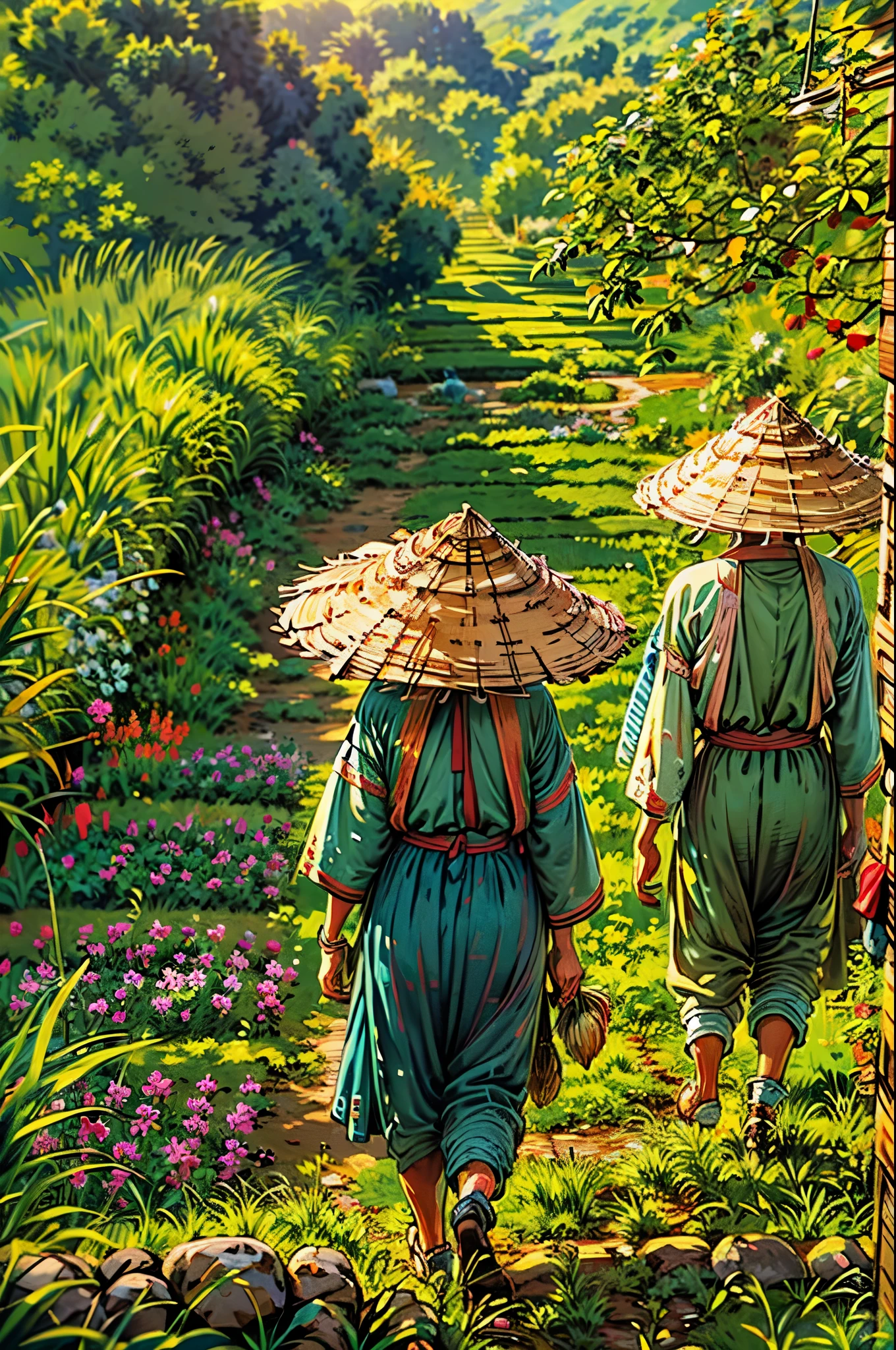 (best quality,4k,8k,highres,masterpiece:1.2),ultra-detailed,(realistic,photorealistic,photo-realistic:1.37),vibrant colors,stunning lighting,south east asian stair field,beautifully terraced farmland,vivid green landscape,natural scenery,farmer tending crops,tireless farmer working diligently,chickens roaming freely on the farm,traditional Vietnamese farming scene,rich cultural heritage,breathtaking view,close-up of farmer's weathered hands,farm life in Vietnam,peaceful countryside ambiance,sunlight casting soft shadows on the field,rural tranquility,traditional farming techniques,authentic local lifestyle,flourishing vegetation on the stairs,meticulously organized farming plots,quaint village in the background,lush rice paddies,warm, golden sunlight illuminating the scene,traditional conical hats worn by farmers,serene atmosphere,fusion of nature and human cultivation,harmonious coexistence of humans and animals,sublime beauty of nature's bounty.