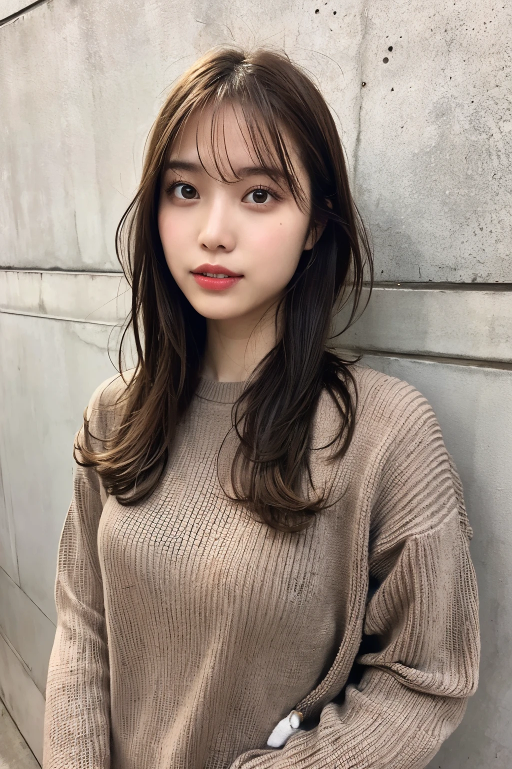 of the highest quality, 1 beautiful woman, age 28, S, 35mm lens, F/1, Cowboy Shot, Concrete background、Tile background、black waffle knit、Light brown、tile wall,From below、Wavy Hair、Medium Hair