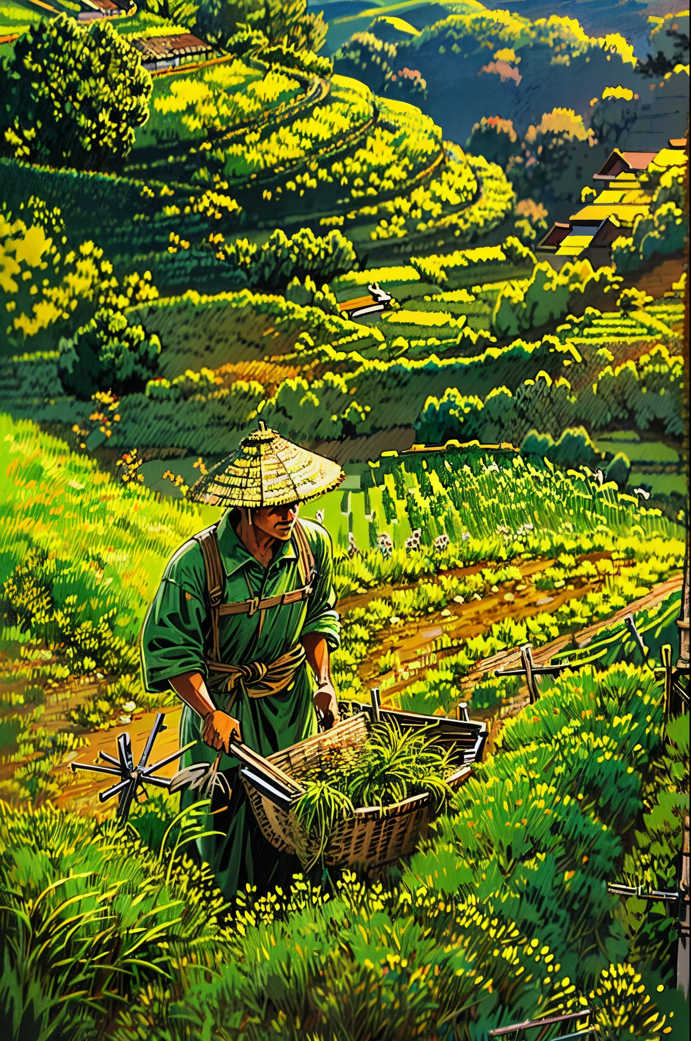 (best quality,4k,8k,highres,masterpiece:1.2),ultra-detailed,(realistic,photorealistic,photo-realistic:1.37),stunning, vibrant colors,farm life,scenic Southeast Asia stairs field,farmer working diligently,traditional Vietnamese farmer attire,natural sunlight illuminating the scene,colorful chickens happily pecking the ground,authentic Vietnamese rural setting,lush green rice terraces stretching into the distance,serene and picturesque landscape,peaceful and harmonious atmosphere,farmer's hardworking spirit,traditional farming techniques passed down through generations,cultural richness and heritage of Vietnam,meticulously detailed steps of the stairs field,subtle texture of the terraced fields,layered composition of the agricultural landscape,charming and idyllic countryside scene,immersive view of the rustic scenery,rich cultural context of Southeast Asia,Vietnamese craftsmanship and agricultural traditions shining through,authentic portrayal of the farmer's daily life,diligent caretaker of the land,stunning visual storytelling,emotionally captivating artwork,mesmerizing perspective capturing the essence of the moment,awe-inspiring depiction of the Southeast Asian farming community,inspiring and thought-provoking artwork,immersive and evocative piece of Southeast Asian art,exquisite attention to detail,showcasing the natural beauty and simplicity of rural life,meticulous craftsmanship and precision in each brushstroke,compelling narrative that sparks curiosity and imagination,stunning play of light and shadow across the scenery,evoking a sense of tranquility and serenity,embodying the timeless beauty of Southeast Asia's agricultural landscapes,inviting viewers to experience the charm and authenticity of Vietnam's countryside.