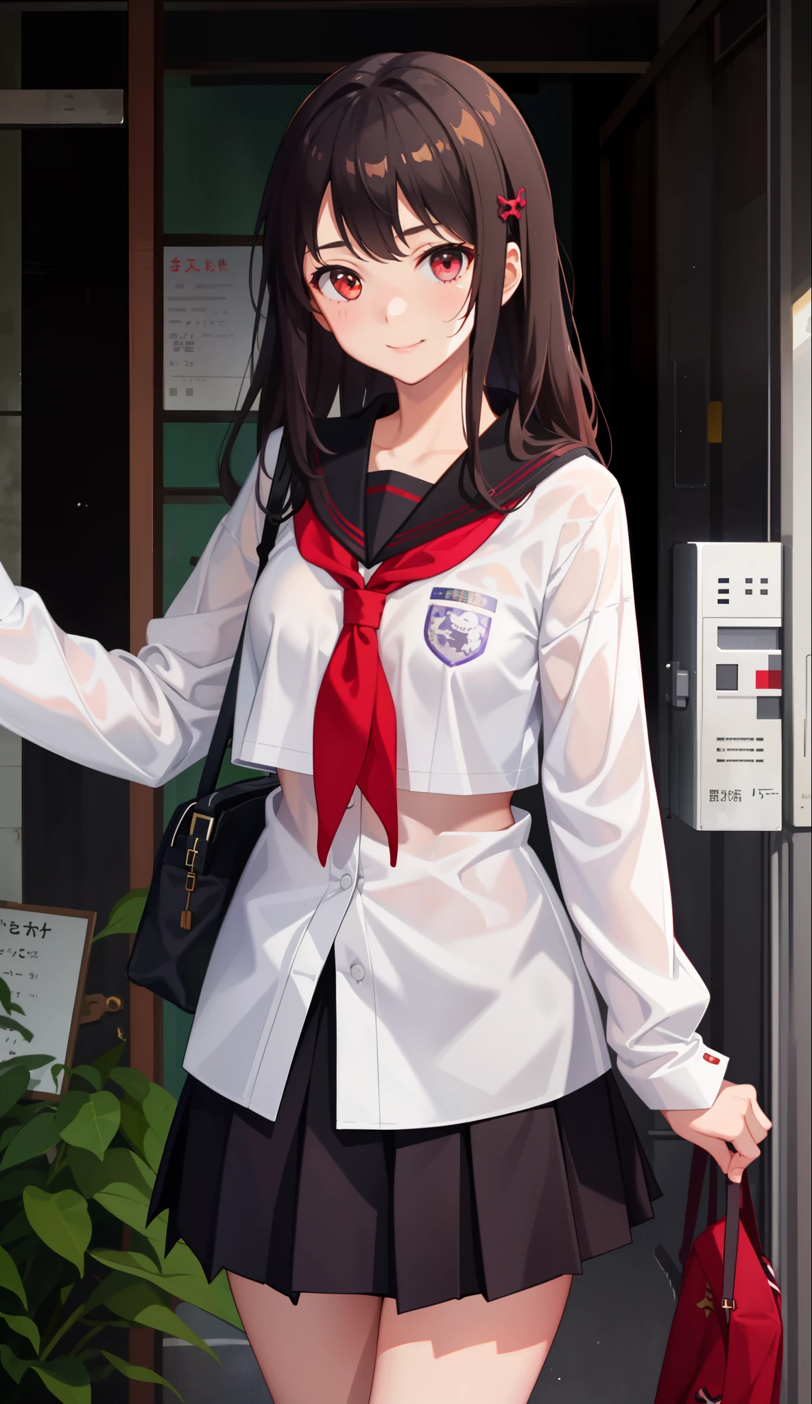 1girl in、A smile、The shirt、skirt by the、(small tits)Chilarism、Japan High School Student Uniform、serafuku、summer clothing、Squall Drenched Uniform、Sheer Bra、(Upper body portrait)、