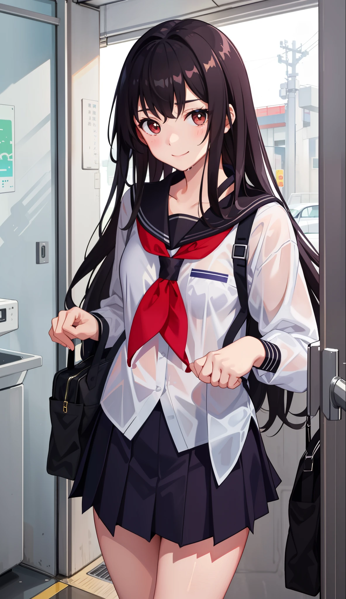 1girl in、A smile、The shirt、skirt by the、(small tits)Chilarism、Japan High School Student Uniform、serafuku、summer clothing、Squall Drenched Uniform、Sheer Bra、(Upper body portrait)、